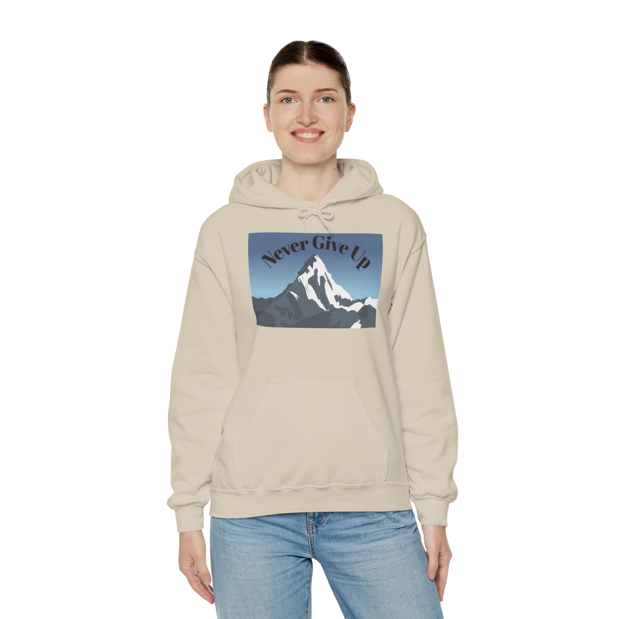 Motivational Mountain Hoodie - "Never Give Up" Inspirational Graphic Hoodie