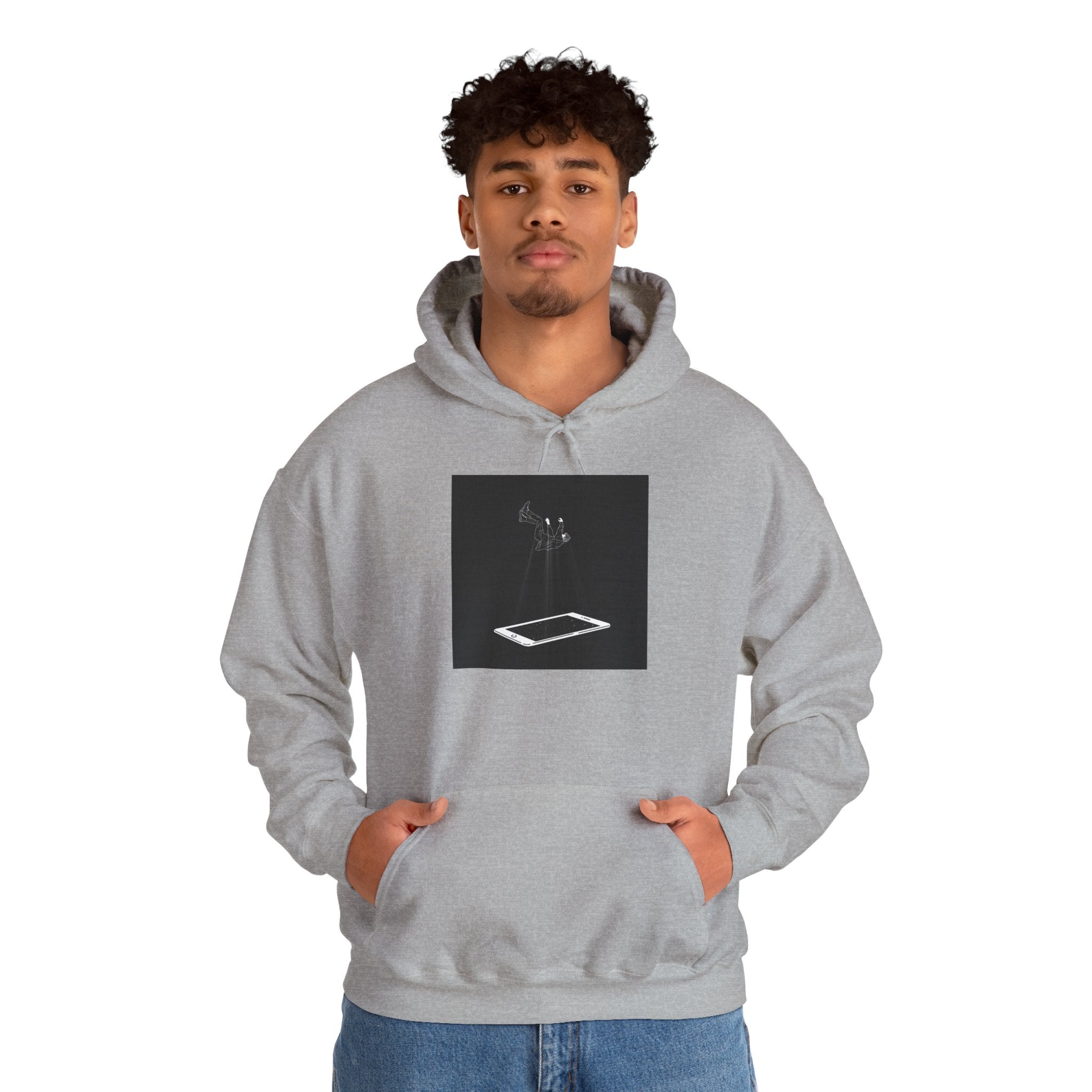 Minimalist Floating Phone Hoodie — Moody Black & White Tech Art Sweatshirt