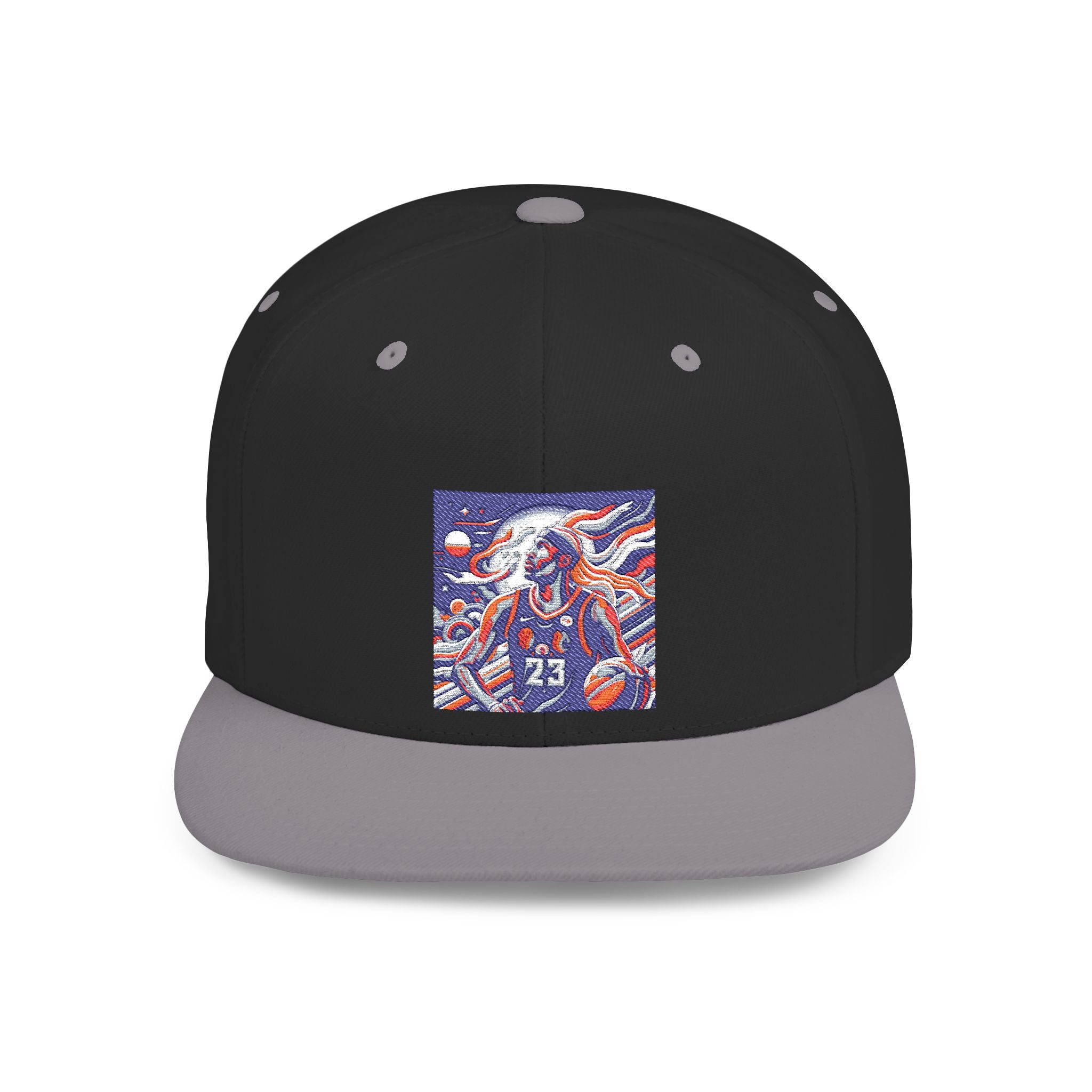 Snapback Hat — Retro Cosmic Basketball Graphic Flat Bill Cap
