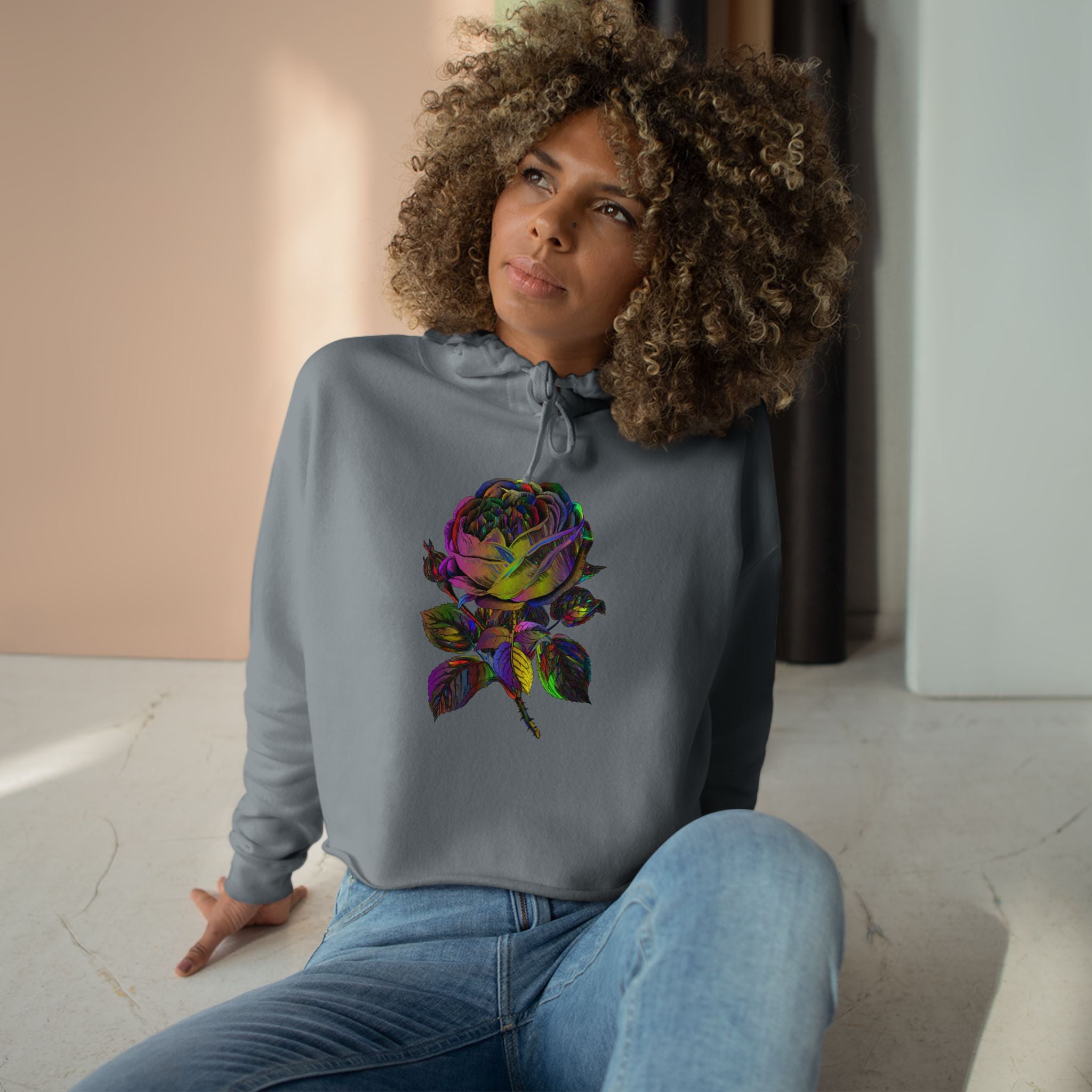 Iridescent Rose Crop Hoodie — Holographic Floral Graphic Cropped Sweatshirt
