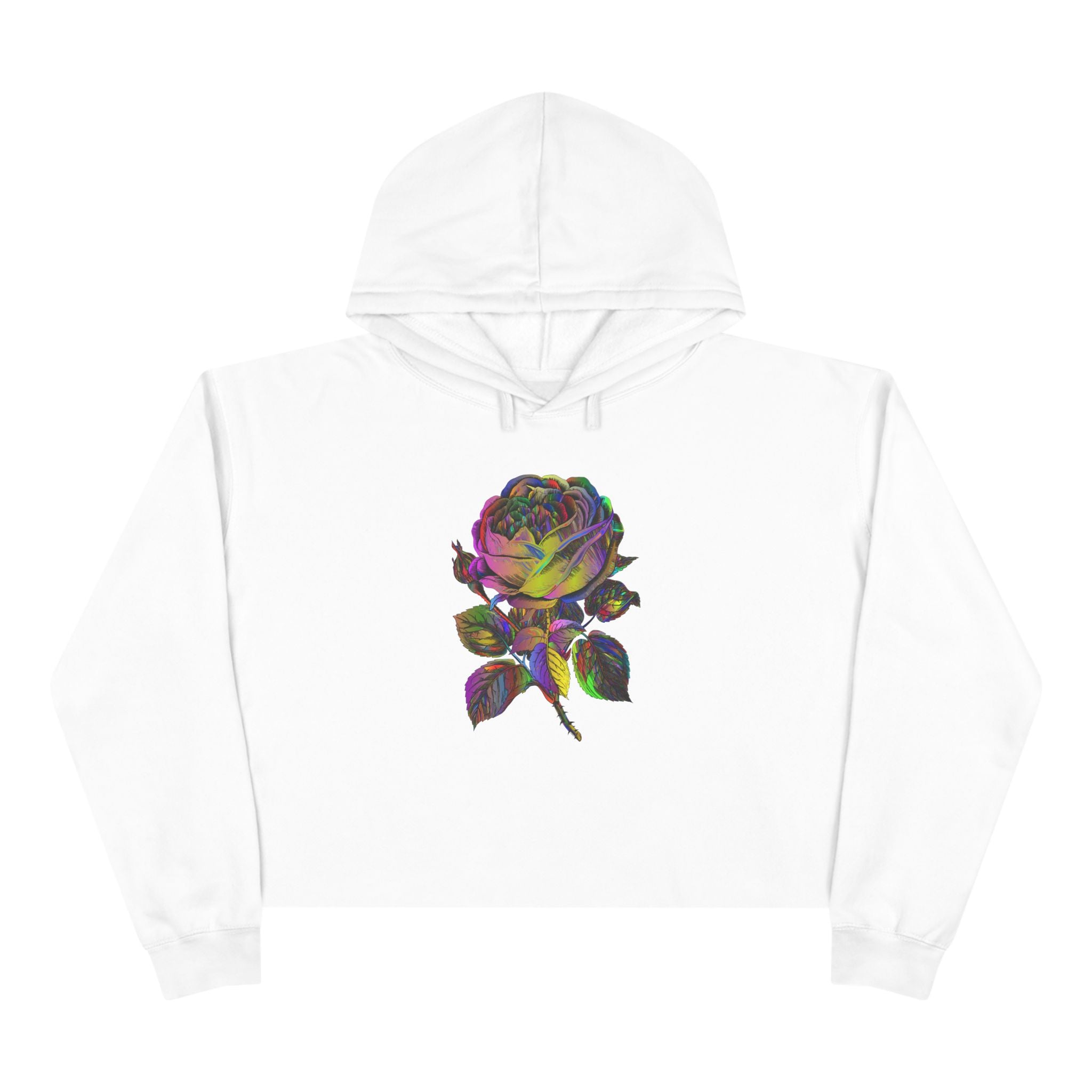 Iridescent Rose Crop Hoodie — Holographic Floral Graphic Cropped Sweatshirt