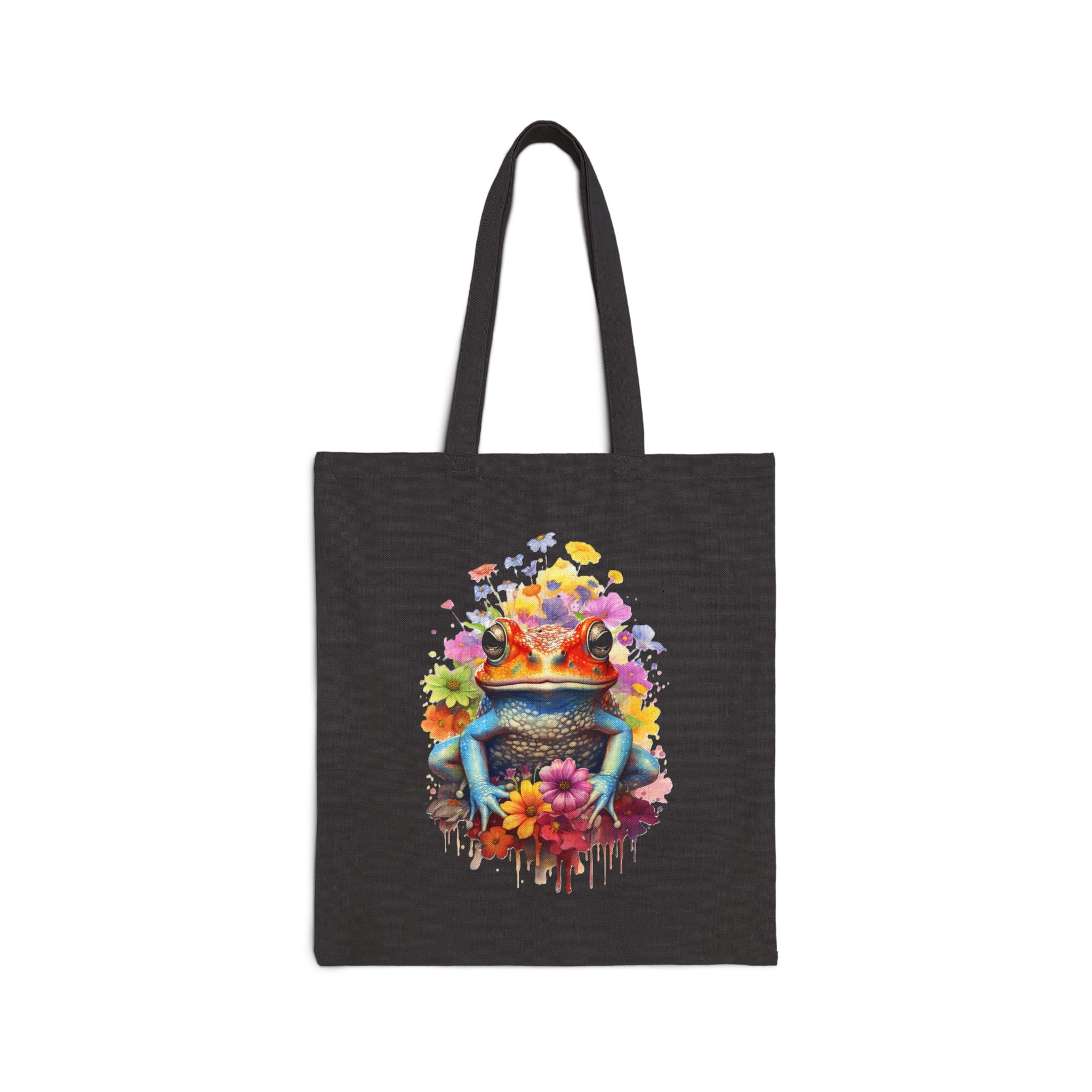 Frog King Floral Tote Bag – Colorful Watercolor Frog Canvas Tote