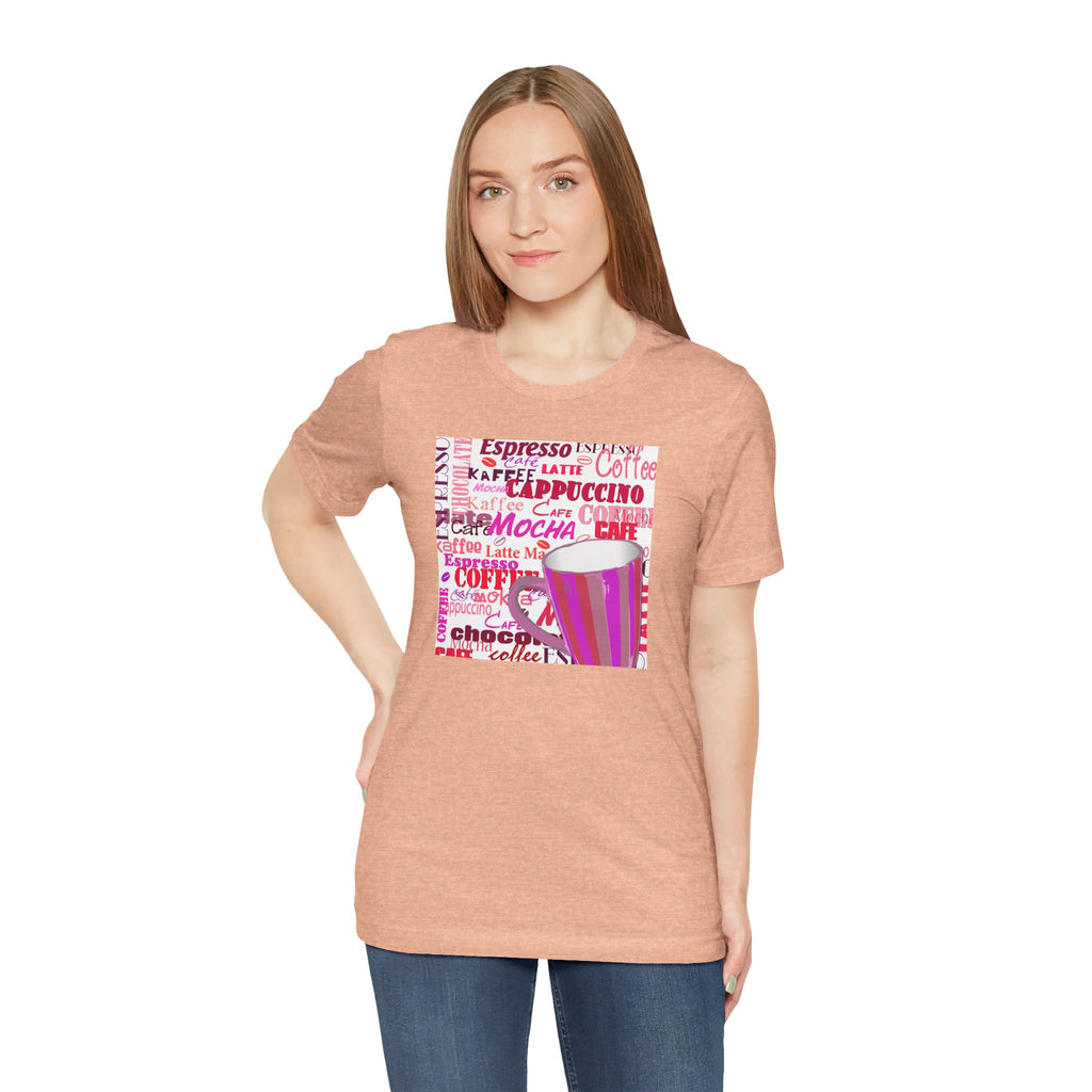 Coffee Words Graphic Tee — Pink Latte Mocha Cup Shirt