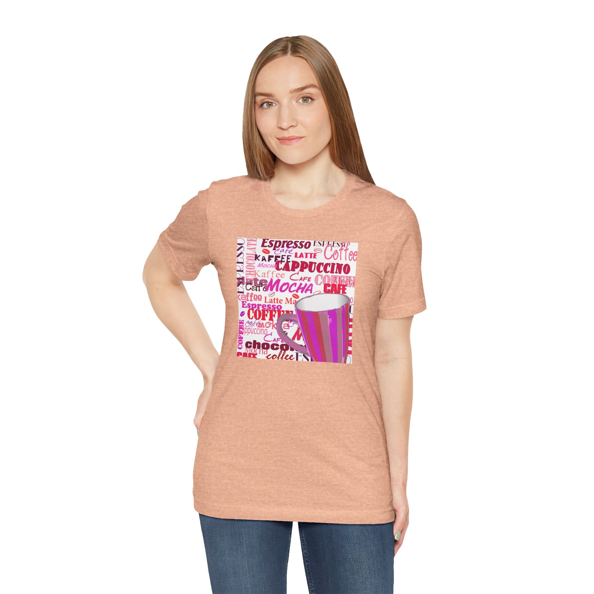 Coffee Words Graphic Tee — Pink Latte Mocha Cup Shirt