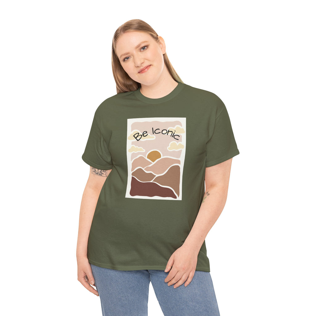 Be Iconic Tee — Retro Sunset Mountain Graphic T‑Shirt