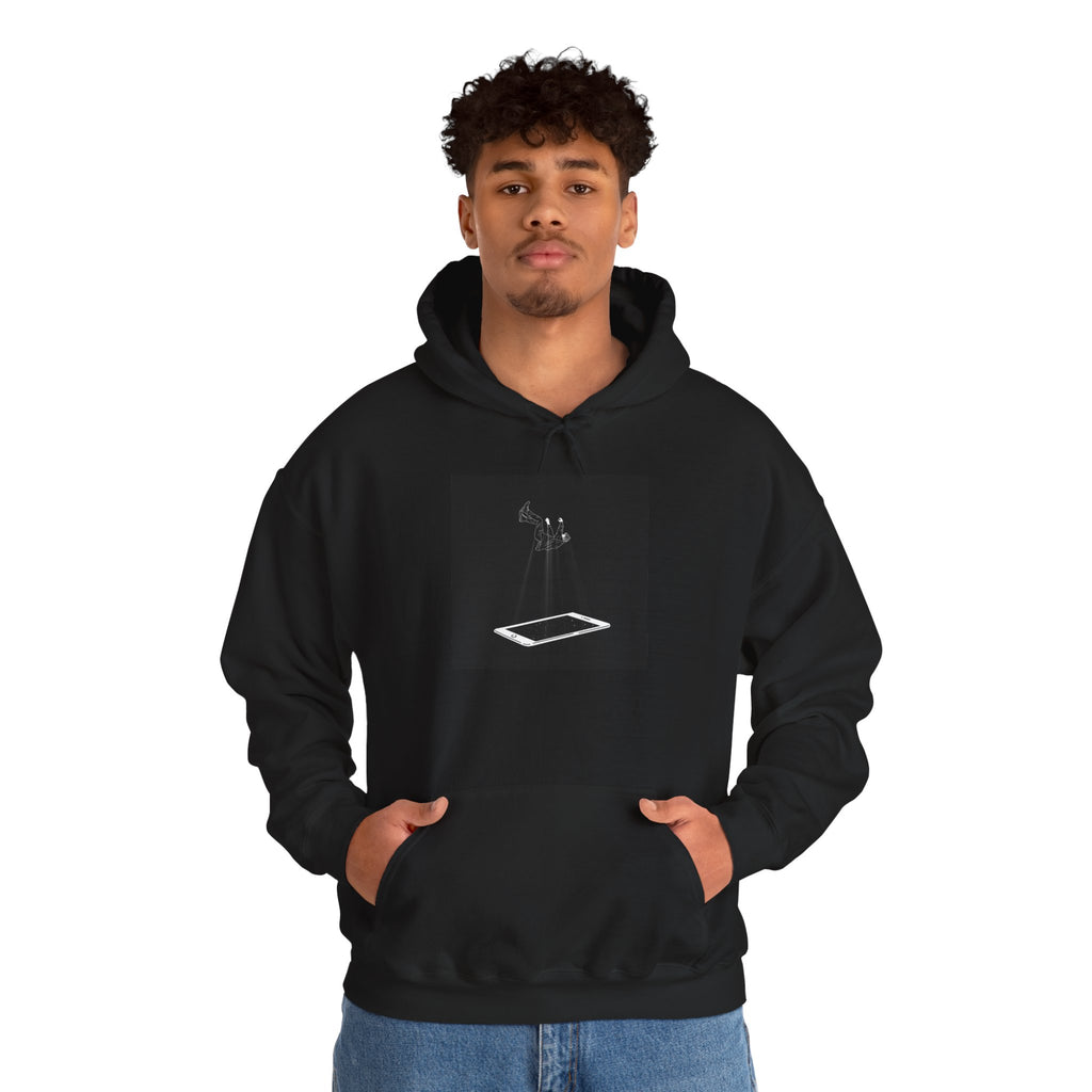 Minimalist Floating Phone Hoodie — Moody Black & White Tech Art Sweatshirt