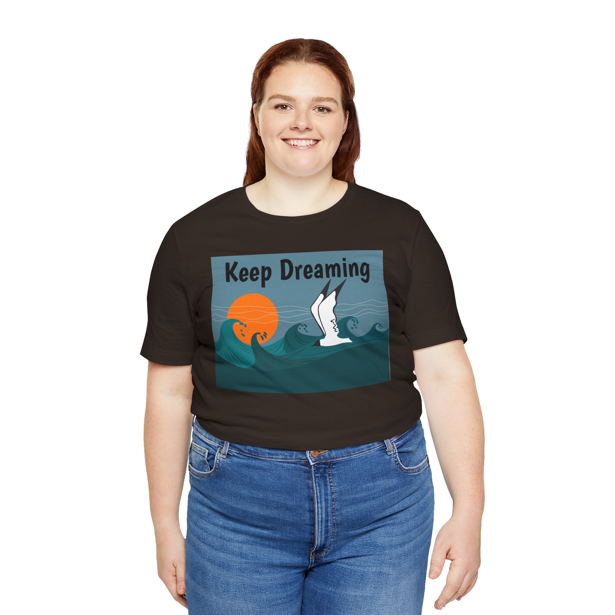 Keep Dreaming Seagull T-Shirt — Sunset Ocean Waves Graphic Tee