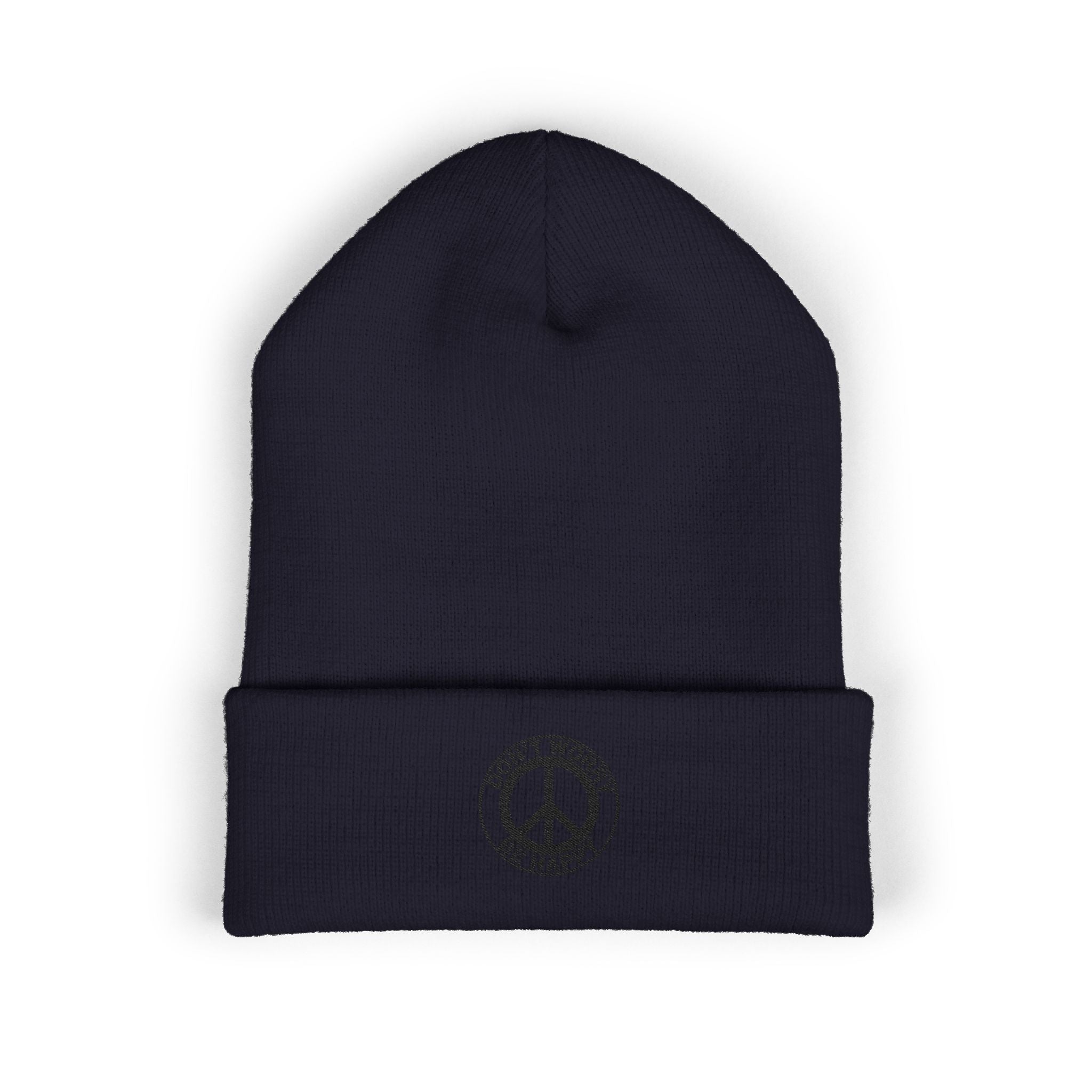 Peace Sign Cuffed Beanie — "Don't Worry Be Happy" Embroidered Knit Hat