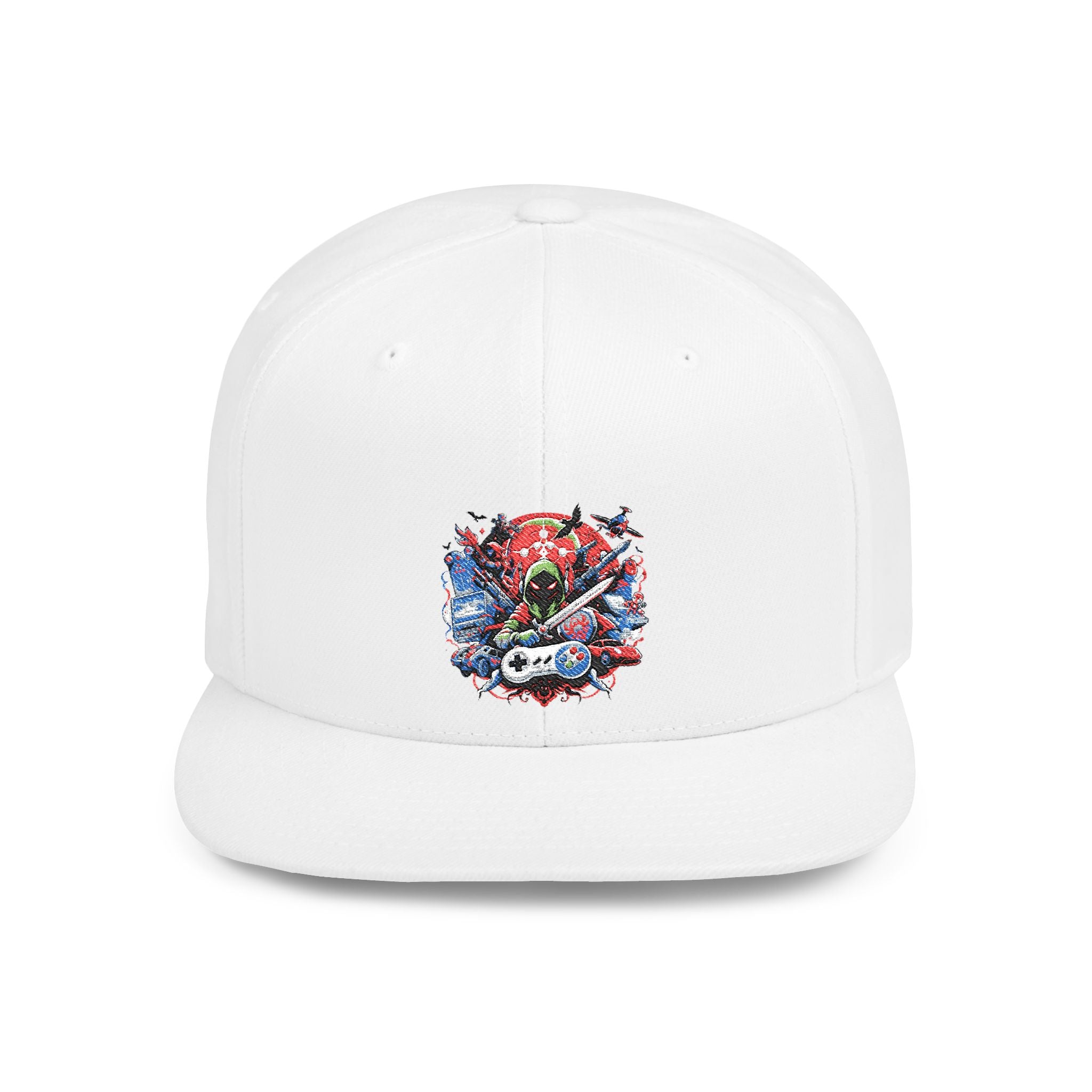 Gamer Flat Bill Snapback Hat — Watercolor Skull Design