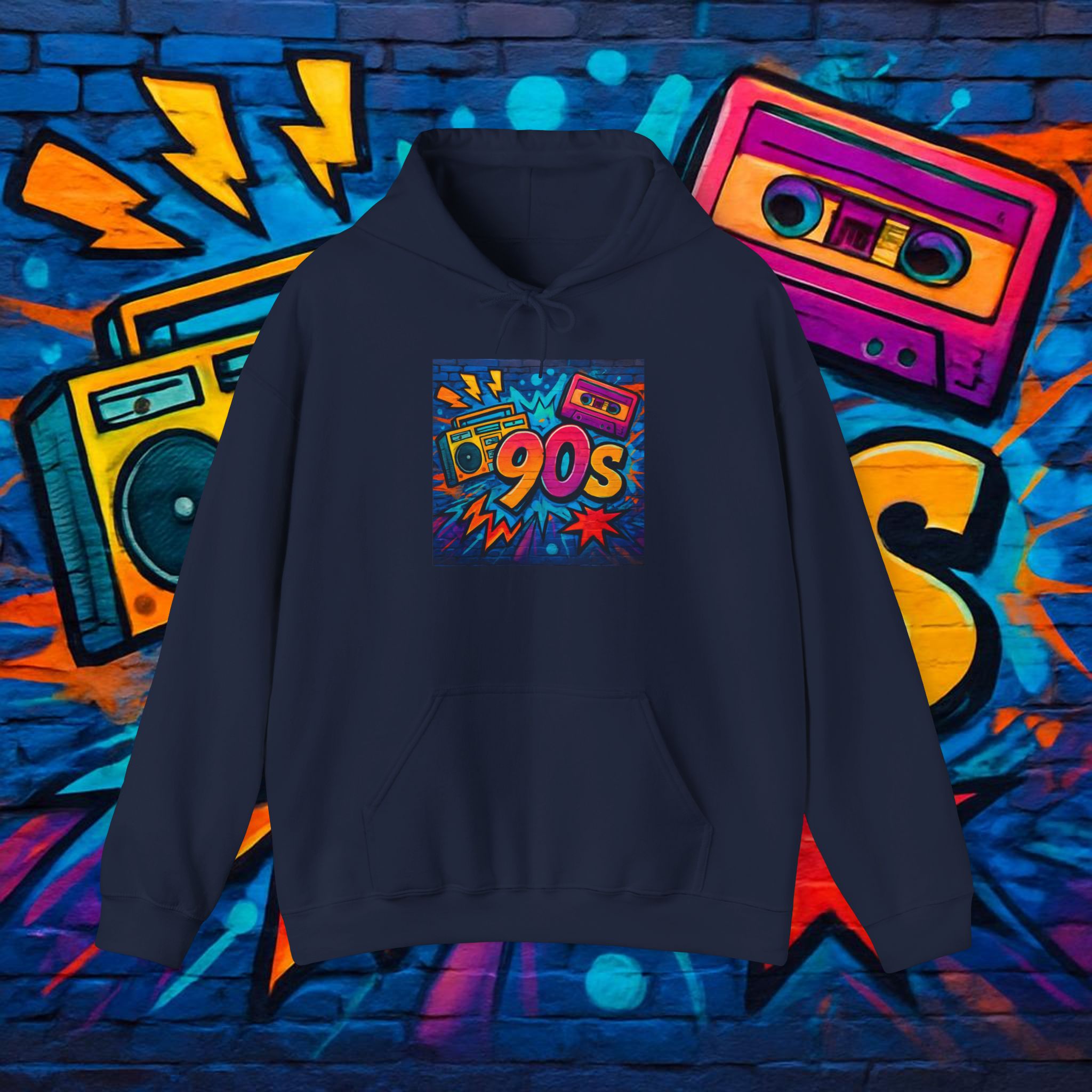 90s Retro Hoodie – Vintage Cassette Boombox Graphic Pullover
