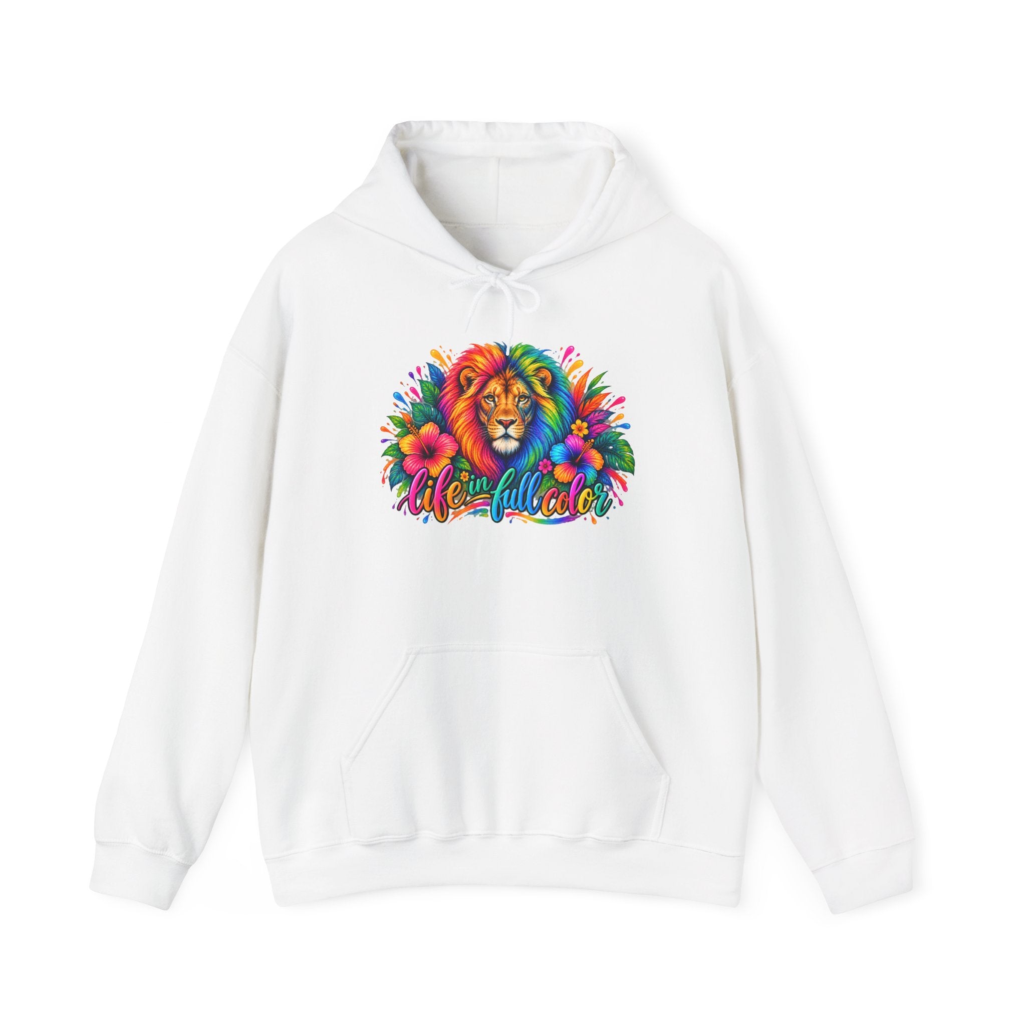 Colorful Lion Hoodie with 'Wild and Free' Floral Design — Vibrant Animal Lover Sweatshirt