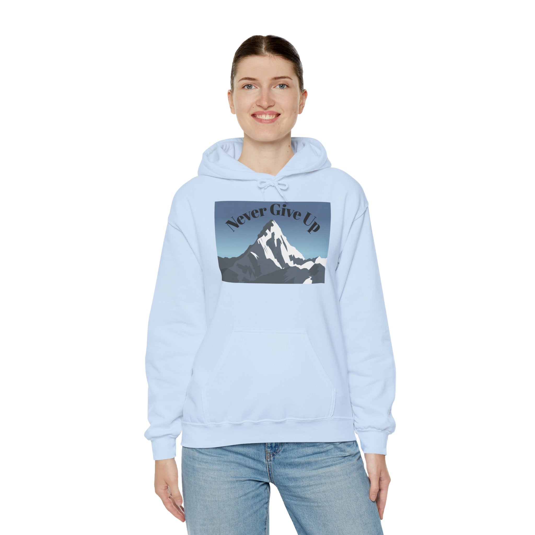 Motivational Mountain Hoodie - "Never Give Up" Inspirational Graphic Hoodie