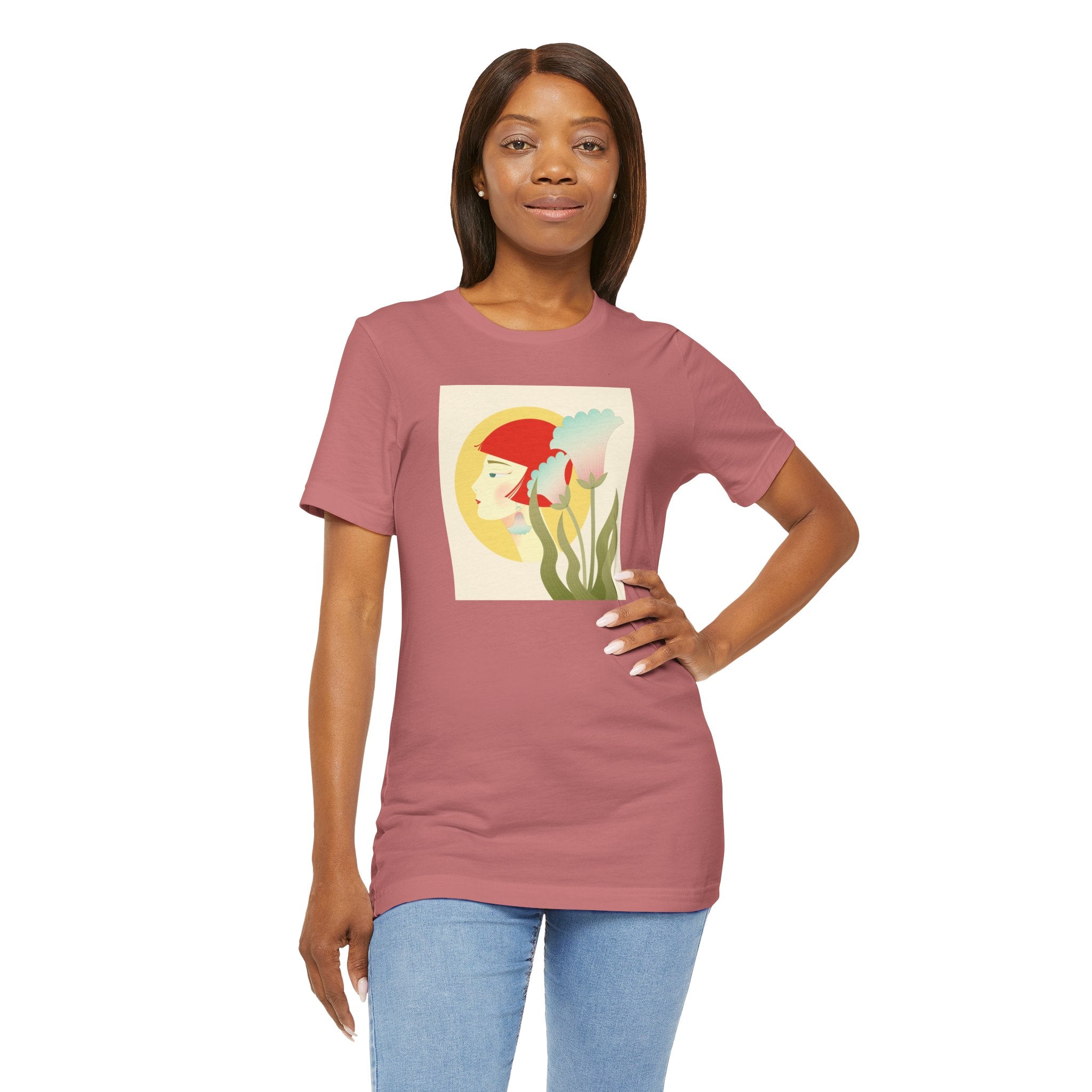 Floral Maiden Graphic Tee — Retro Woman & Tulips Art Shirt