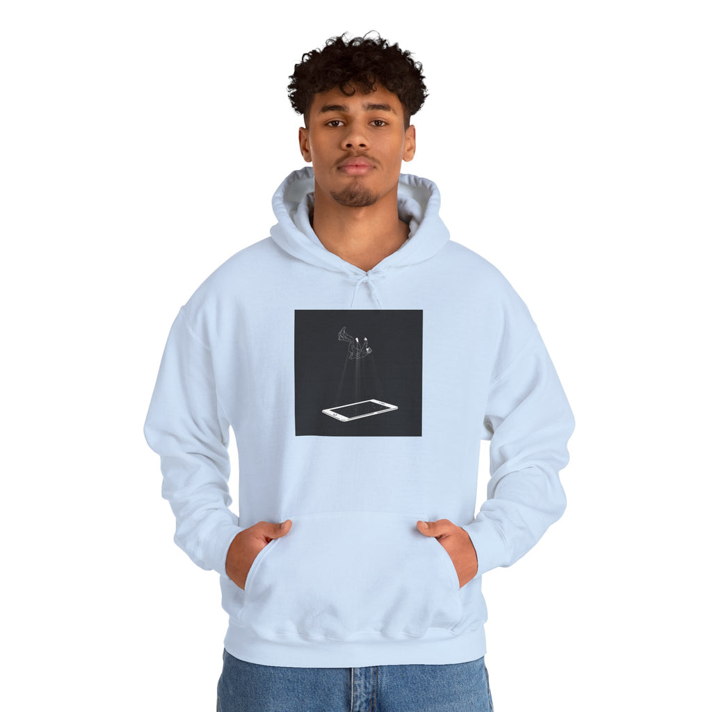 Minimalist Floating Phone Hoodie — Moody Black & White Tech Art Sweatshirt