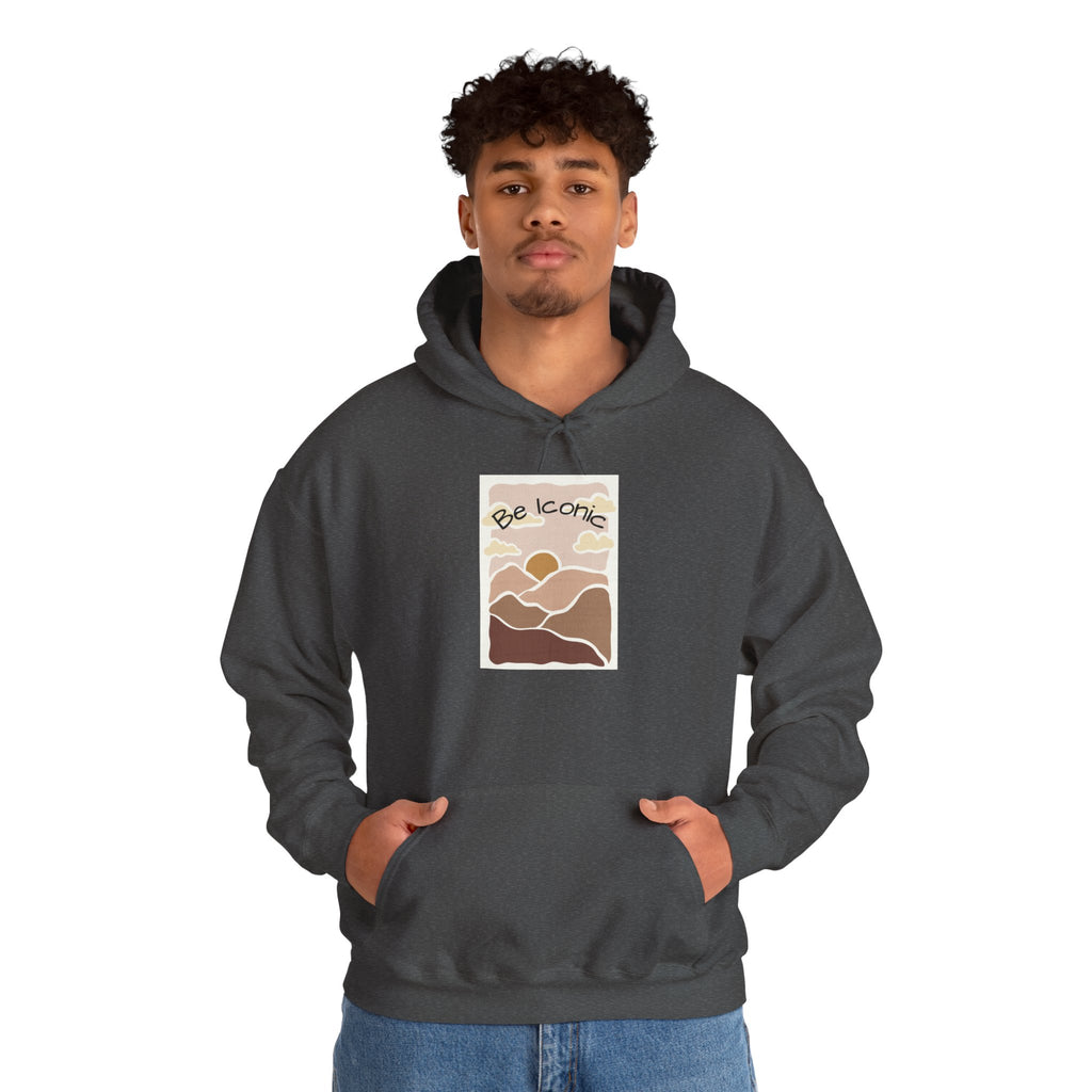 Be Iconic Hoodie — Retro Earthtone Sunset Graphic Hooded Sweatshirt