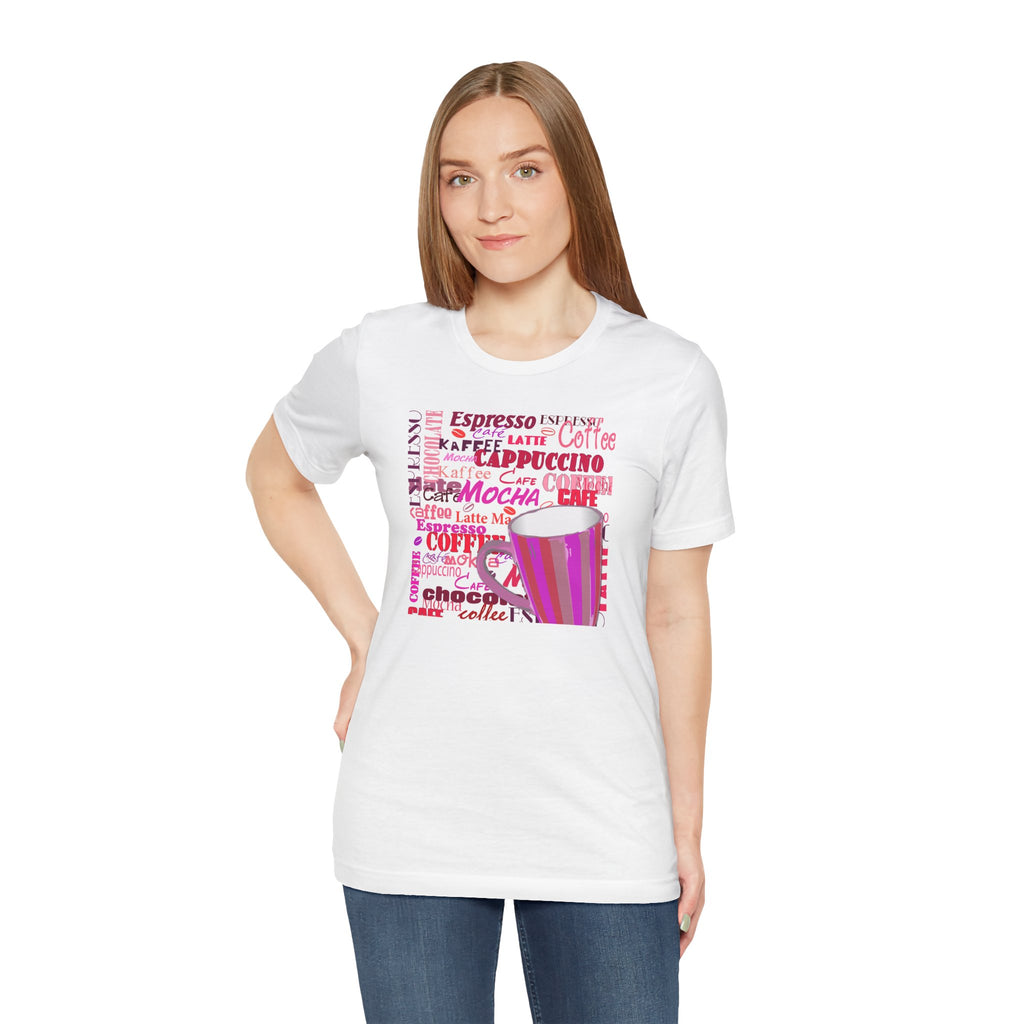 Coffee Words Graphic Tee — Pink Latte Mocha Cup Shirt