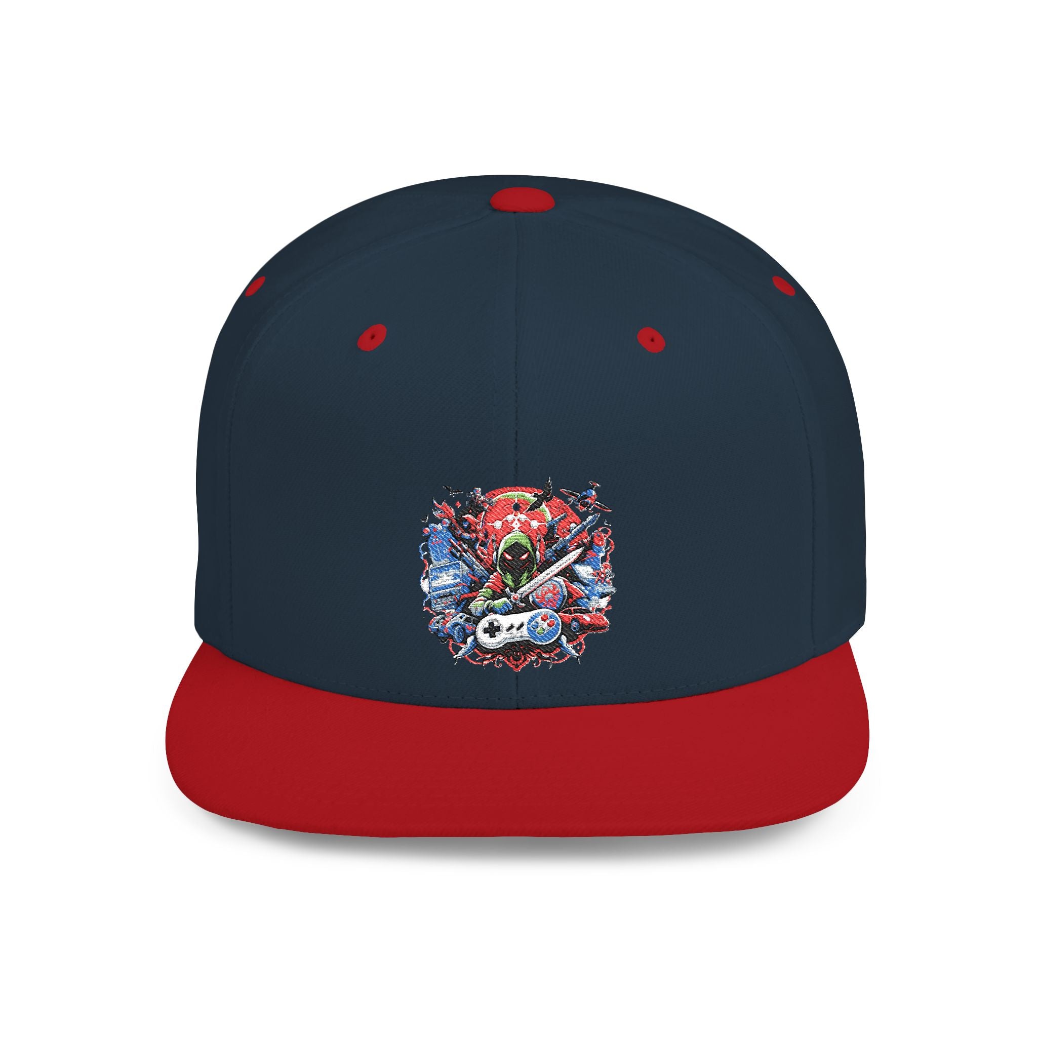 Gamer Flat Bill Snapback Hat — Watercolor Skull Design