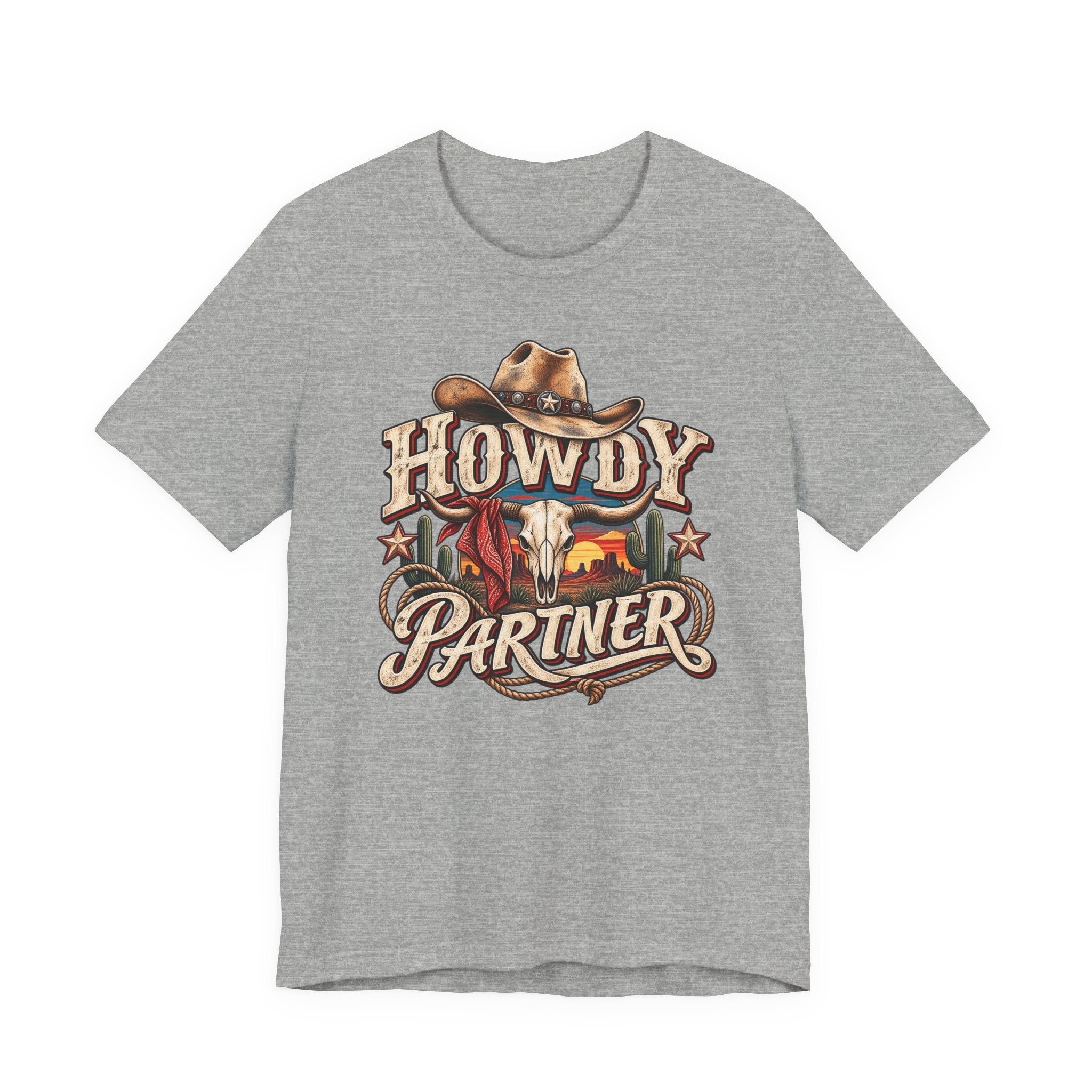 Howdy Partner Cowboy T‑Shirt - Western Skull & Sunset Graphic Tee