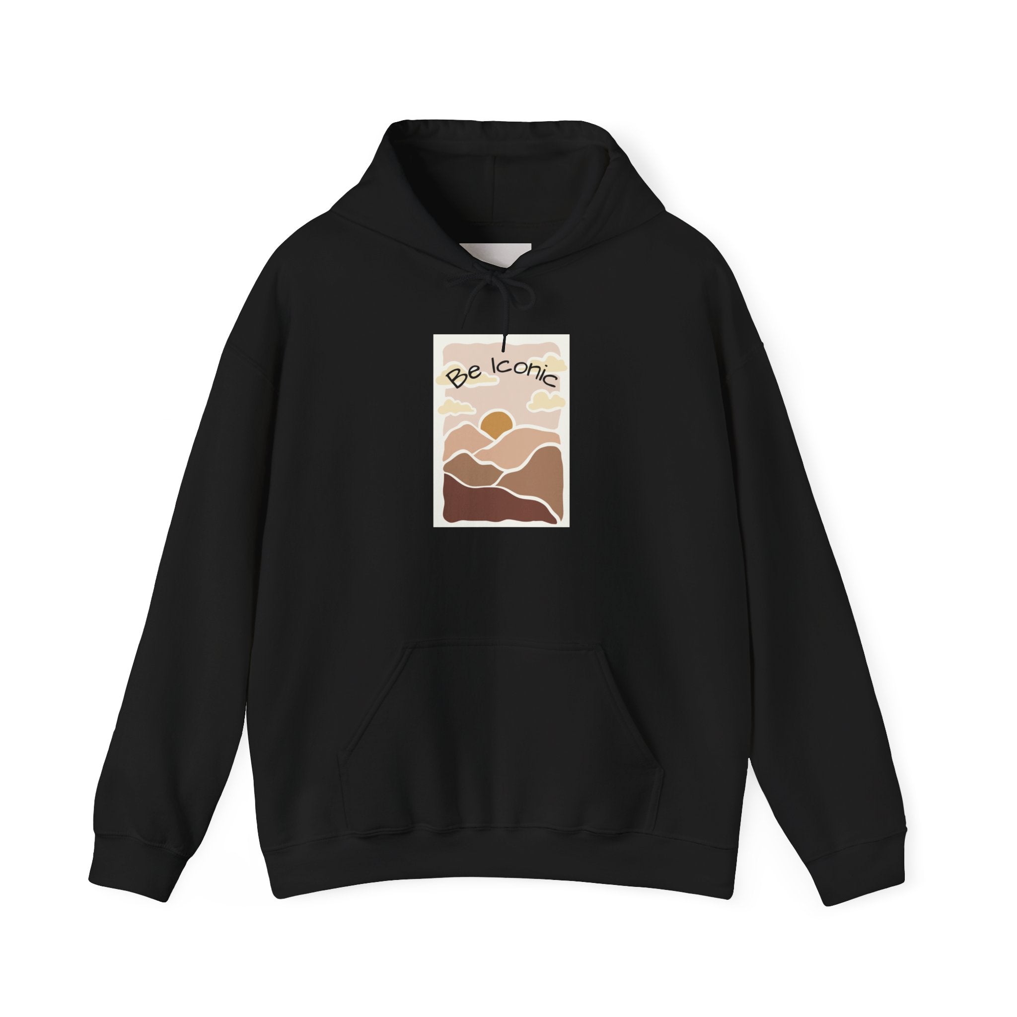 Be Iconic Hoodie — Retro Earthtone Sunset Graphic Hooded Sweatshirt