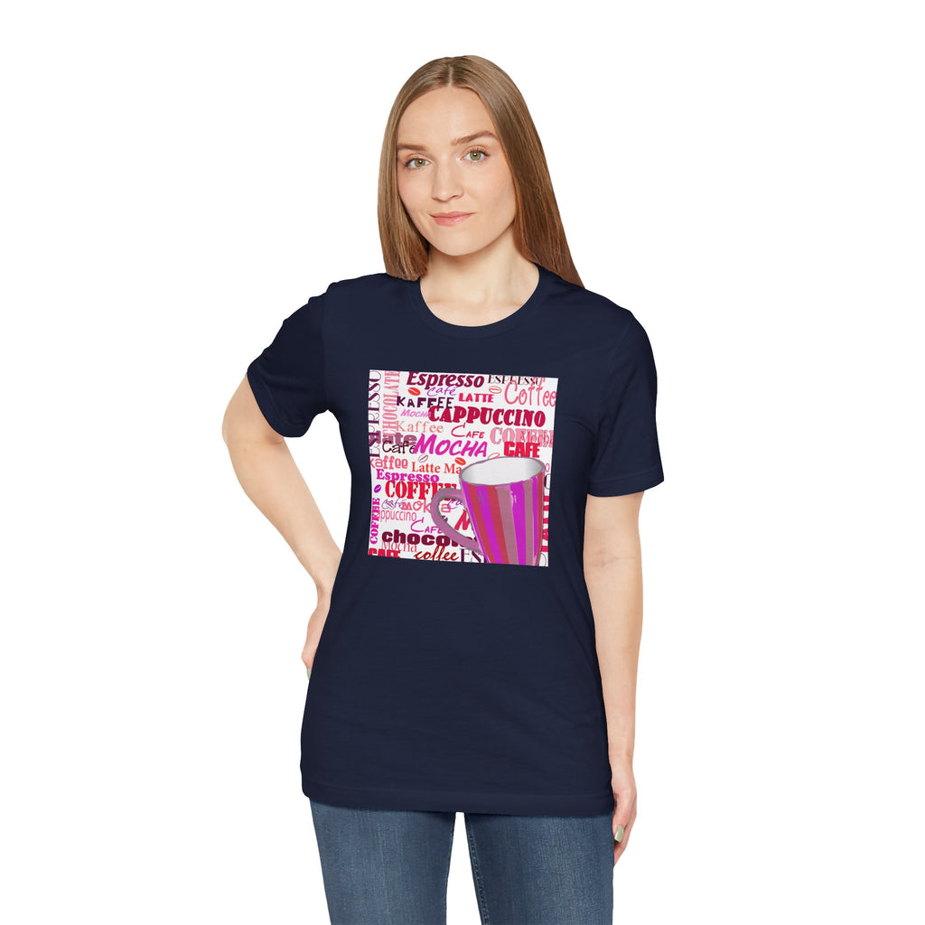 Coffee Words Graphic Tee — Pink Latte Mocha Cup Shirt