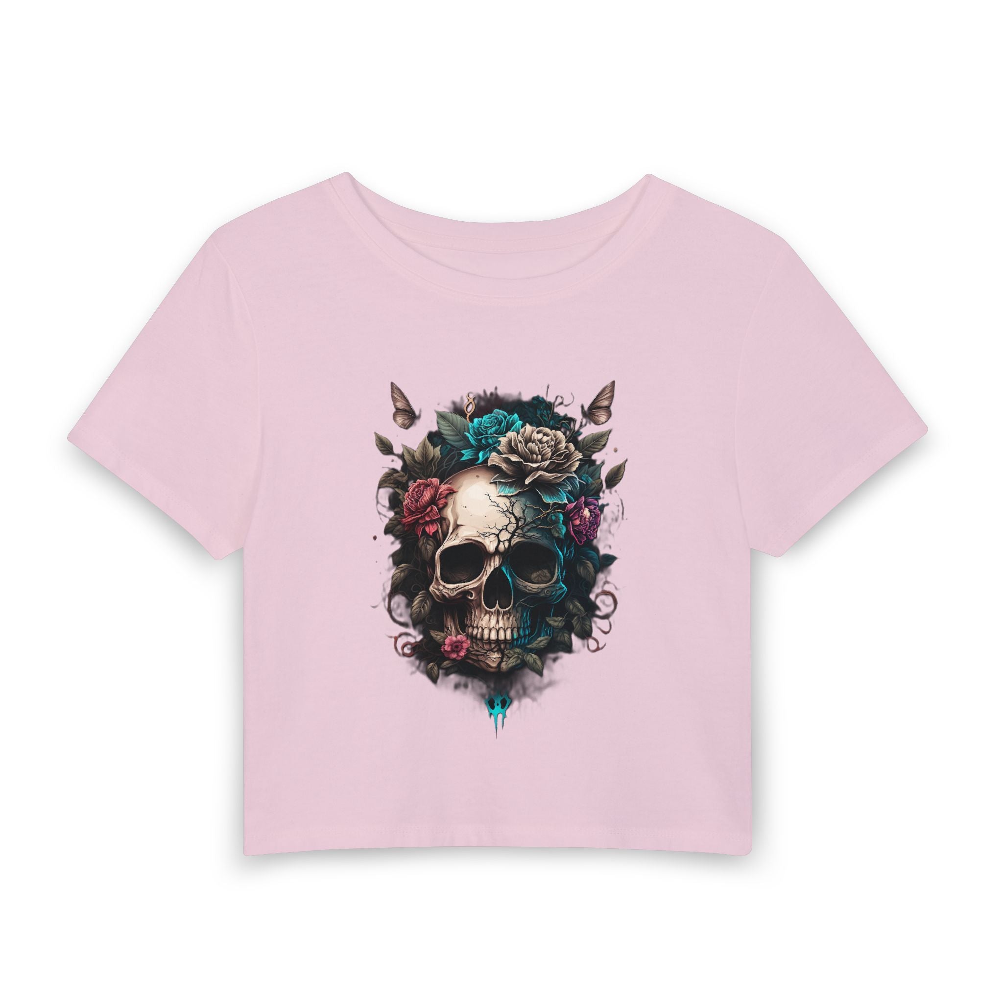 Floral Skull Crop Tee — Women's Gothic Skull Floral Graphic Tee