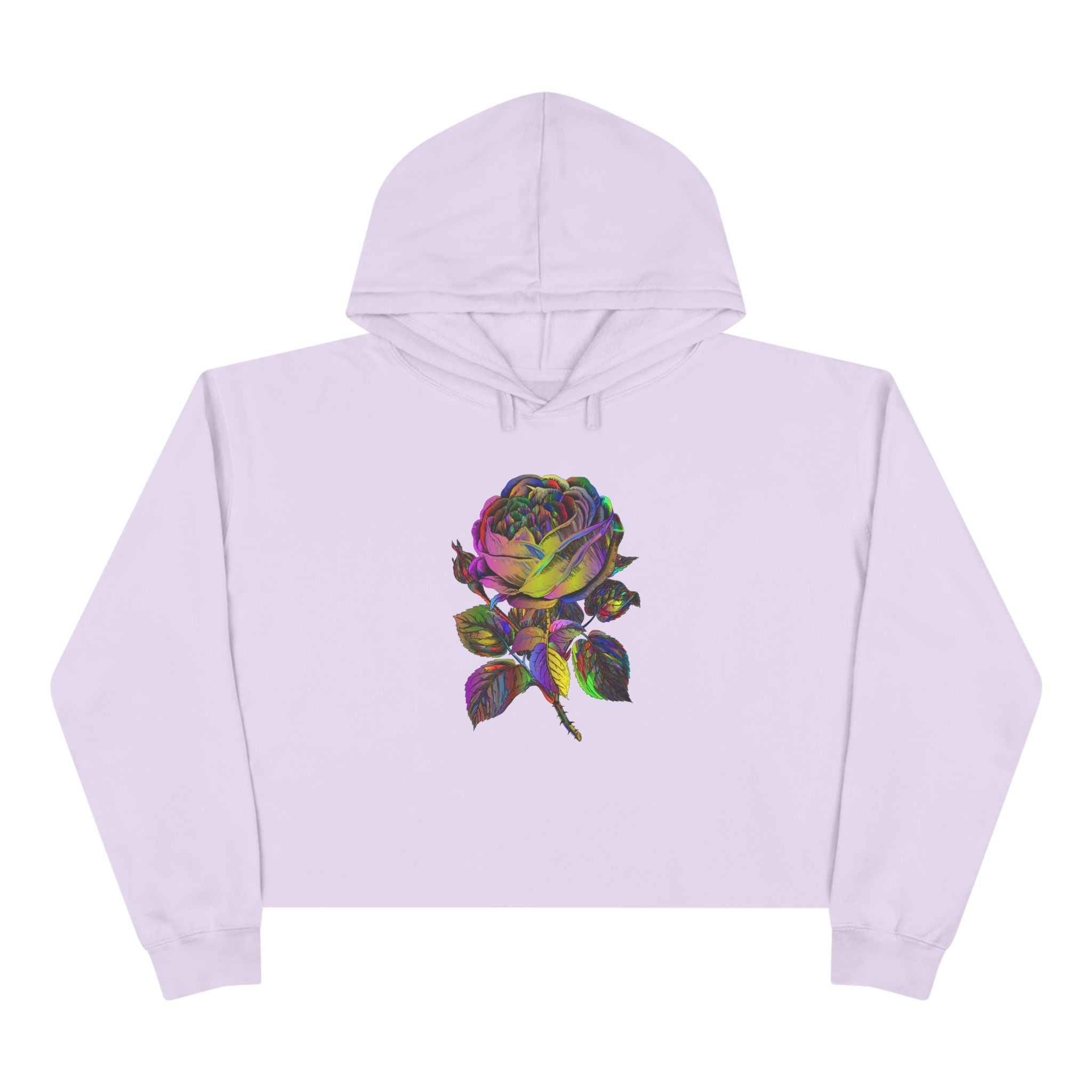 Iridescent Rose Crop Hoodie — Holographic Floral Graphic Cropped Sweatshirt