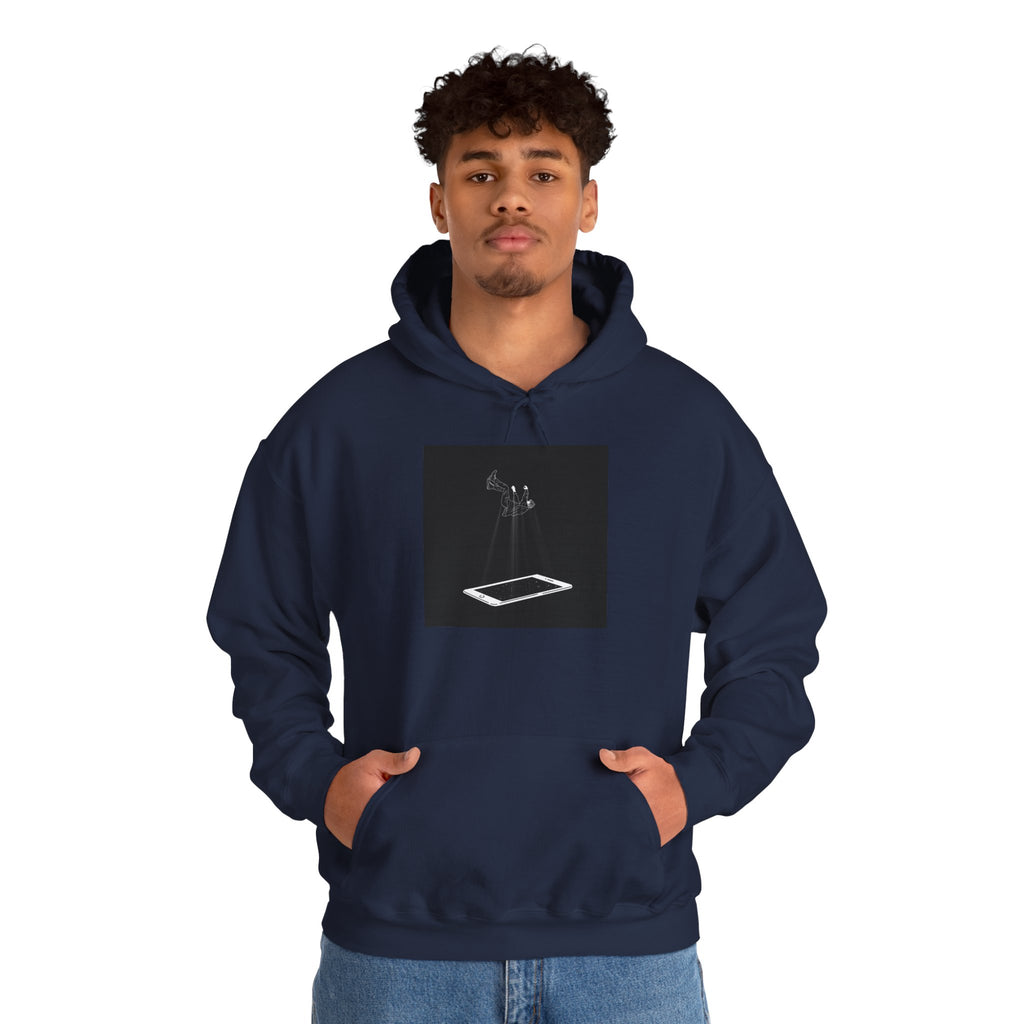 Minimalist Floating Phone Hoodie — Moody Black & White Tech Art Sweatshirt