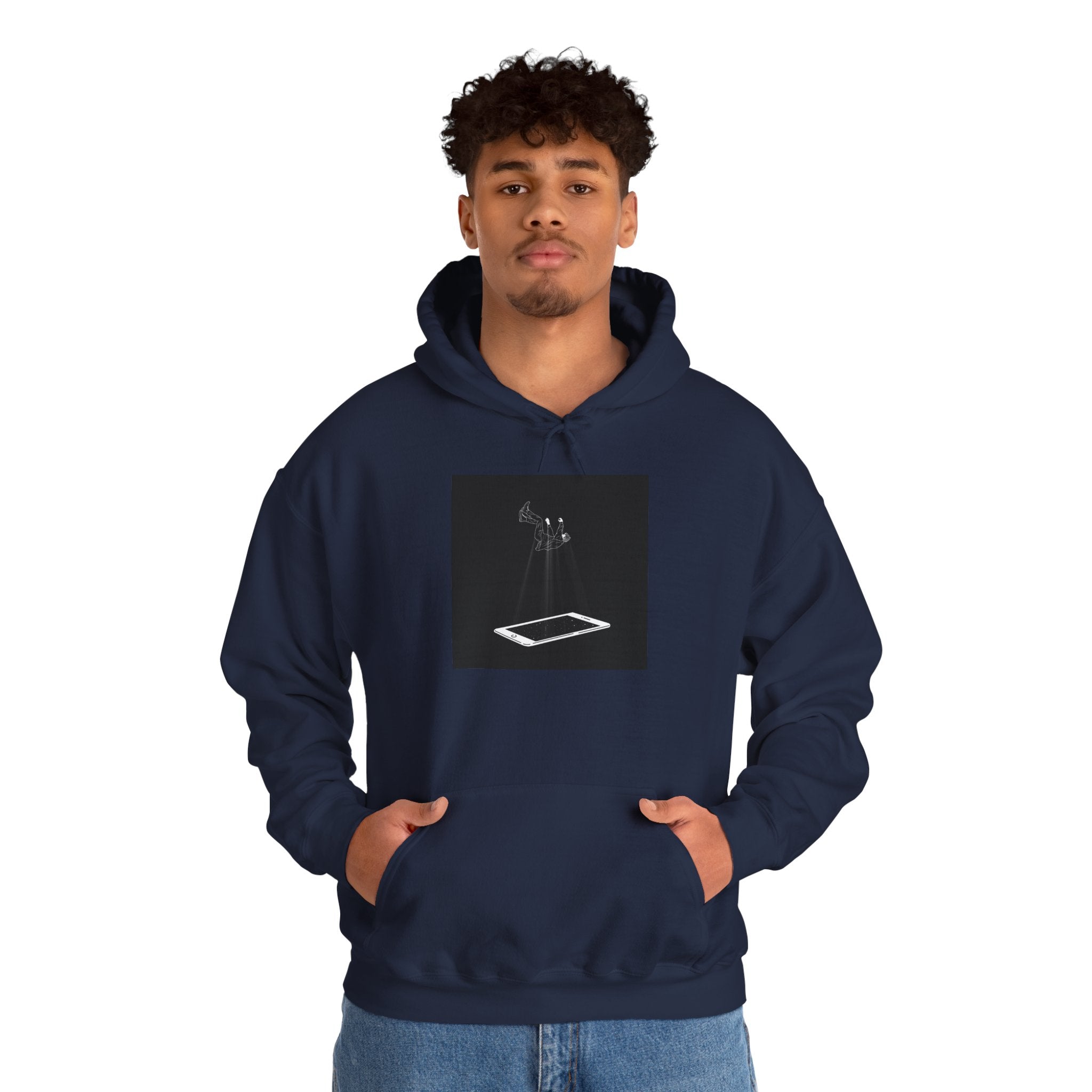 Minimalist Floating Phone Hoodie — Moody Black & White Tech Art Sweatshirt