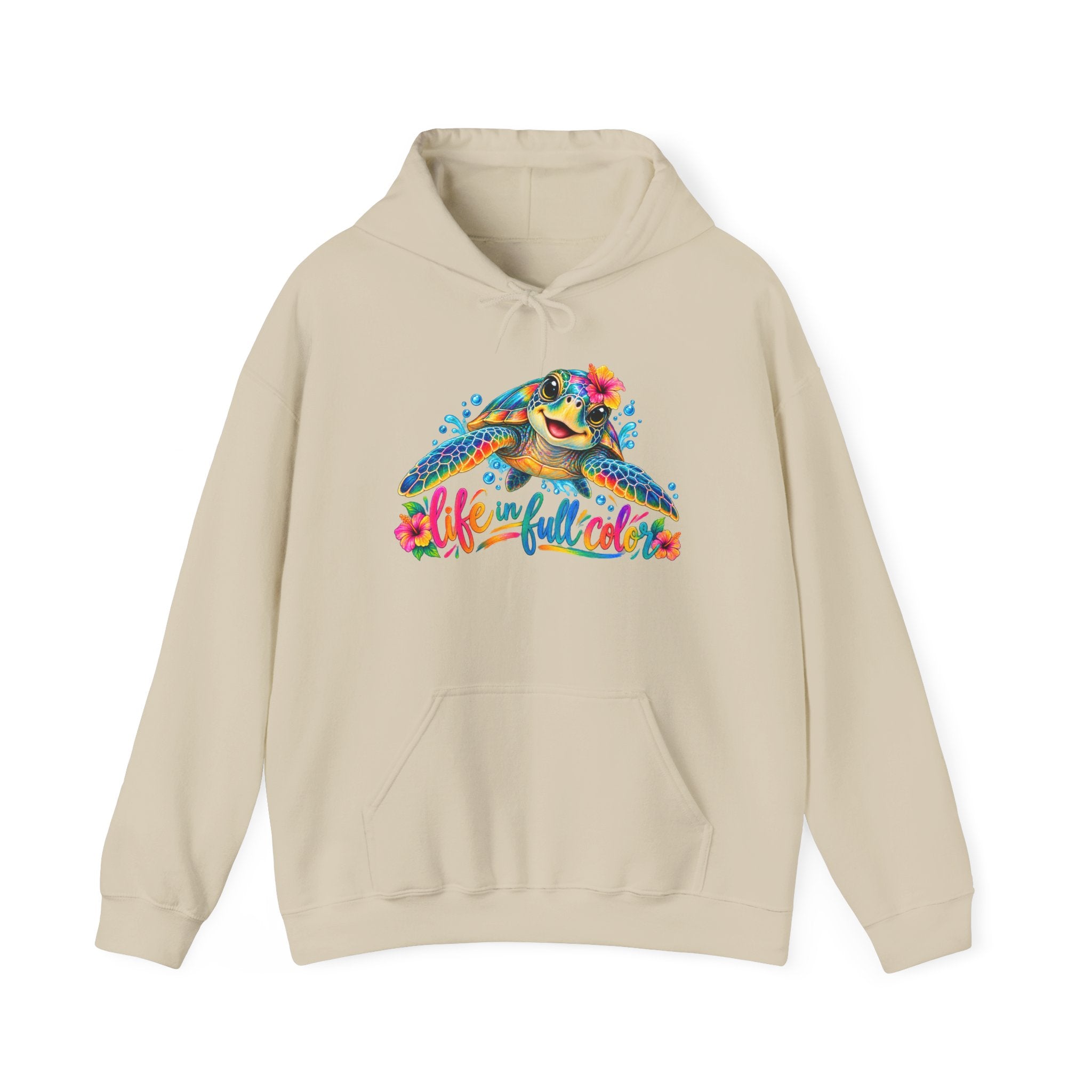 Sea Turtle Floral Hoodie – “Life Is Full Color” Tropical Graphic Sweatshirt