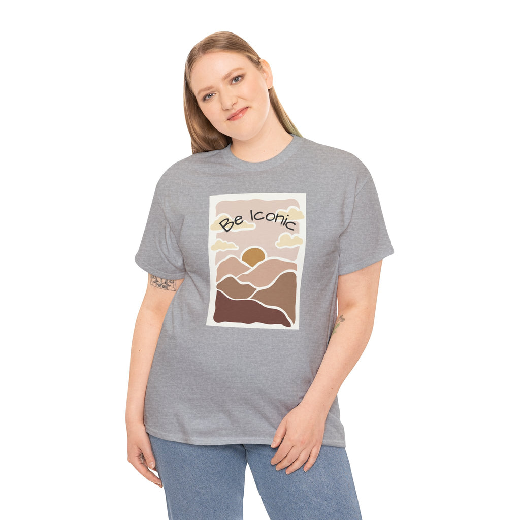 Be Iconic Tee — Retro Sunset Mountain Graphic T‑Shirt