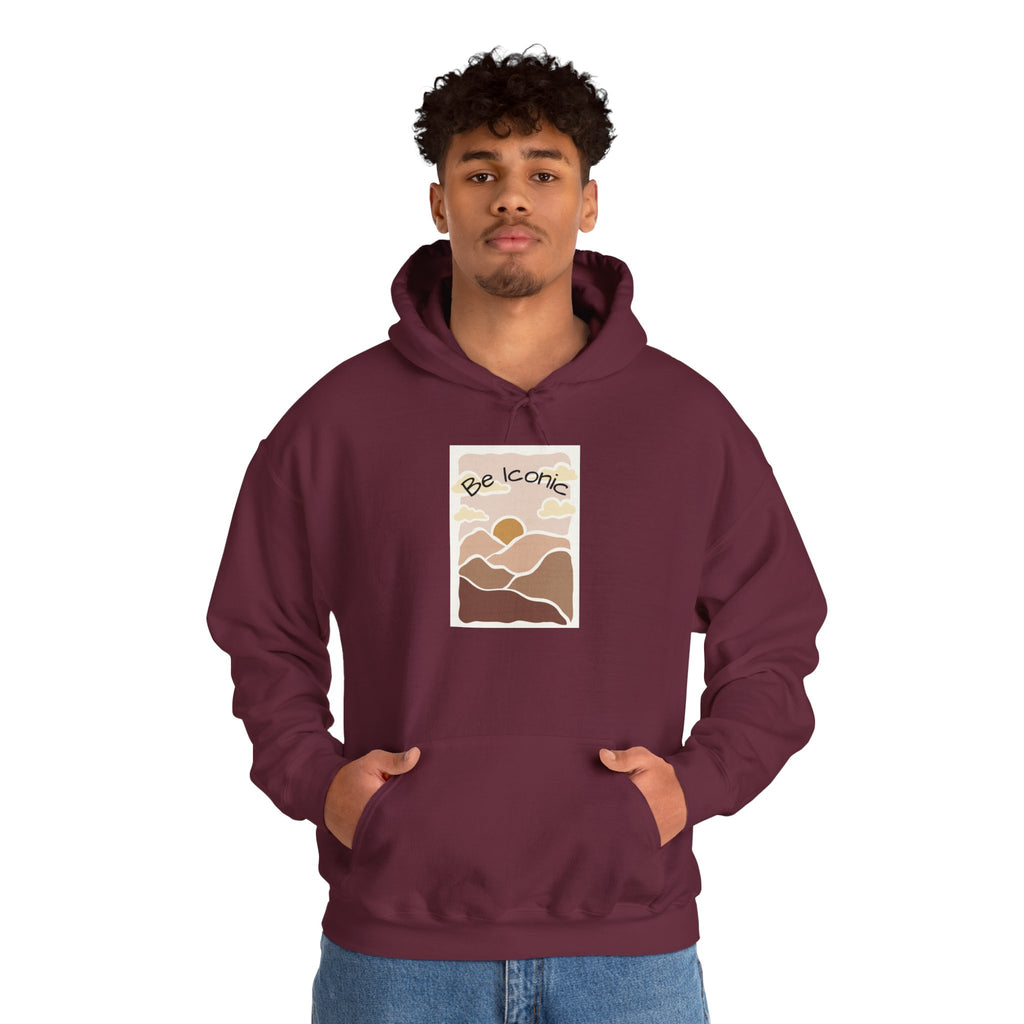 Be Iconic Hoodie — Retro Earthtone Sunset Graphic Hooded Sweatshirt