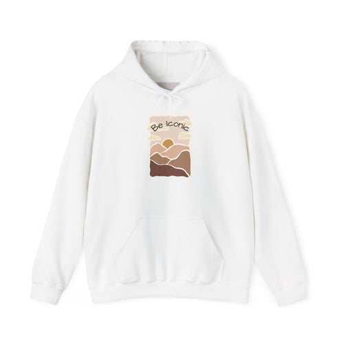 Be Iconic Hoodie — Retro Earthtone Sunset Graphic Hooded Sweatshirt