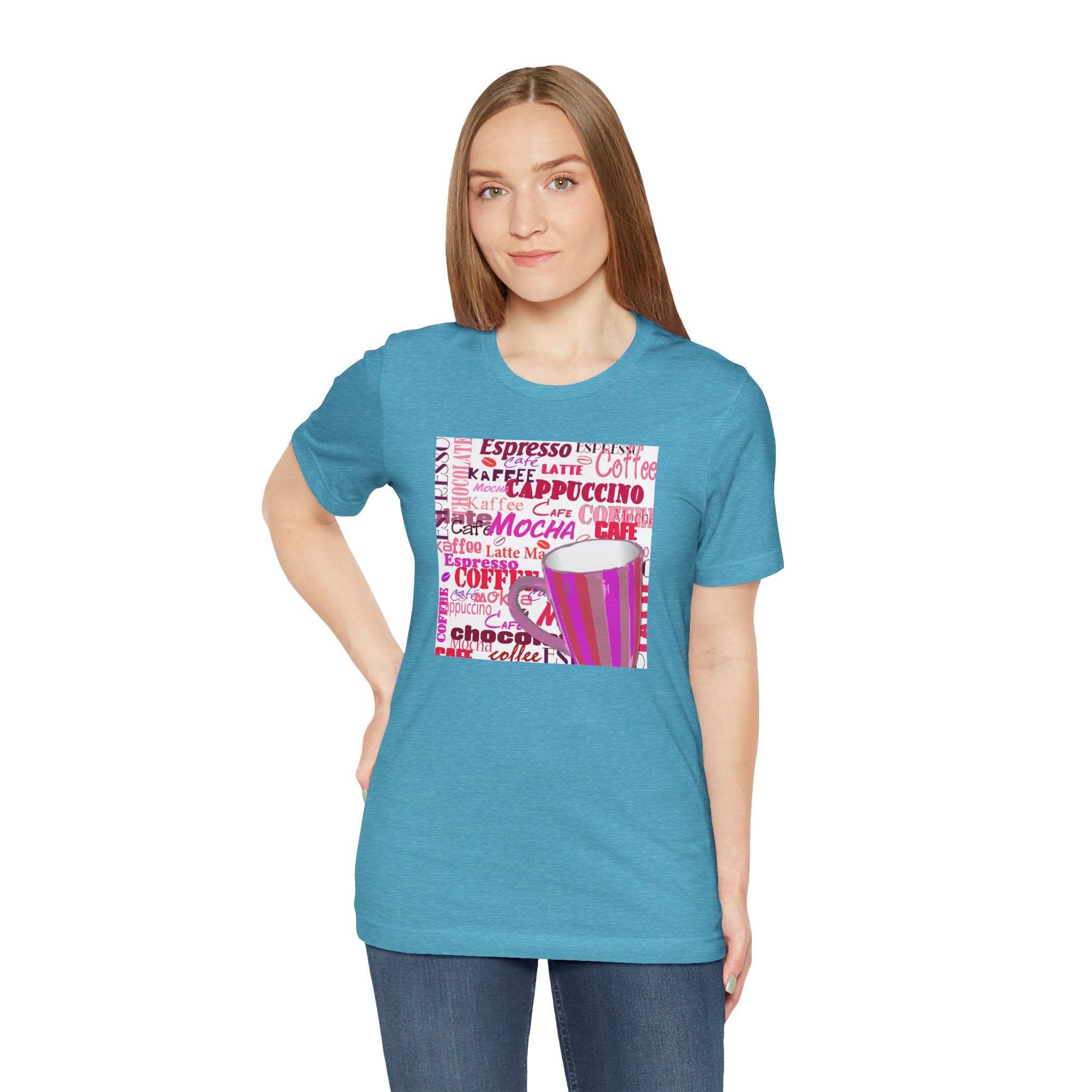 Coffee Words Graphic Tee — Pink Latte Mocha Cup Shirt