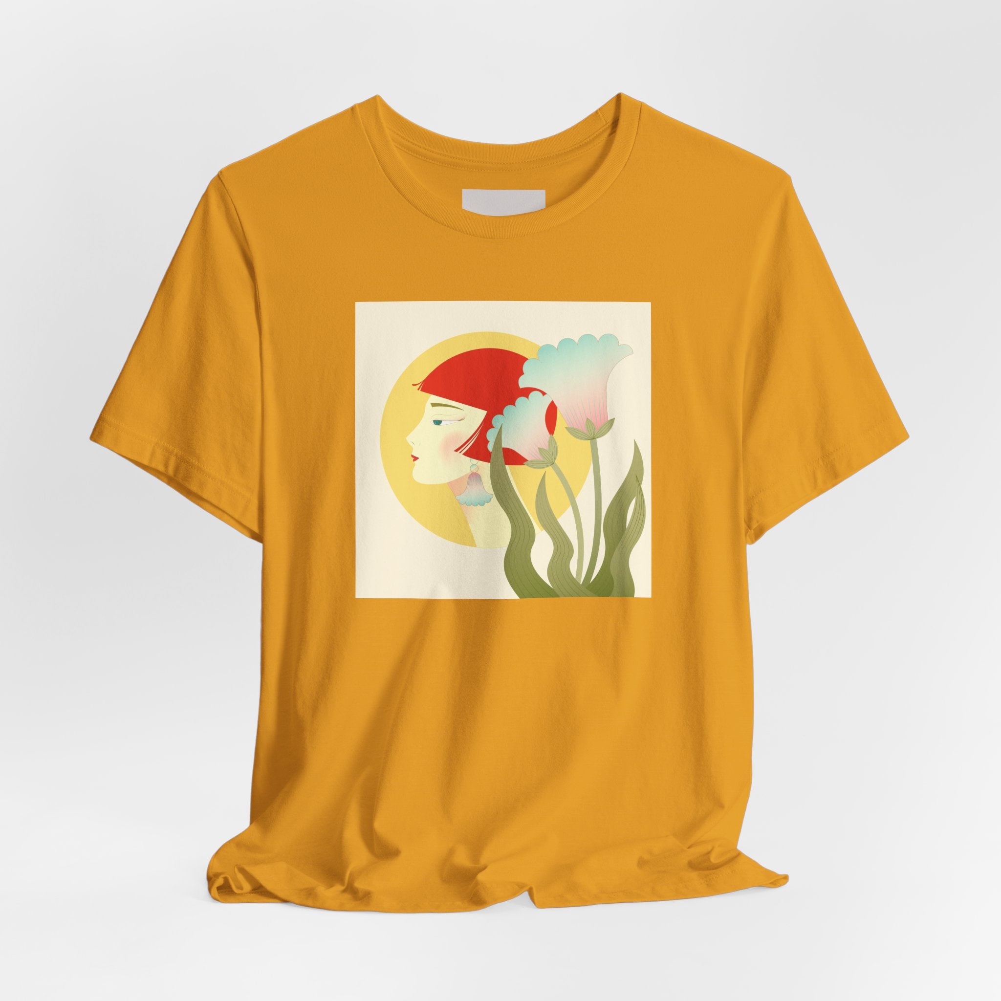 Floral Maiden Graphic Tee — Retro Woman & Tulips Art Shirt