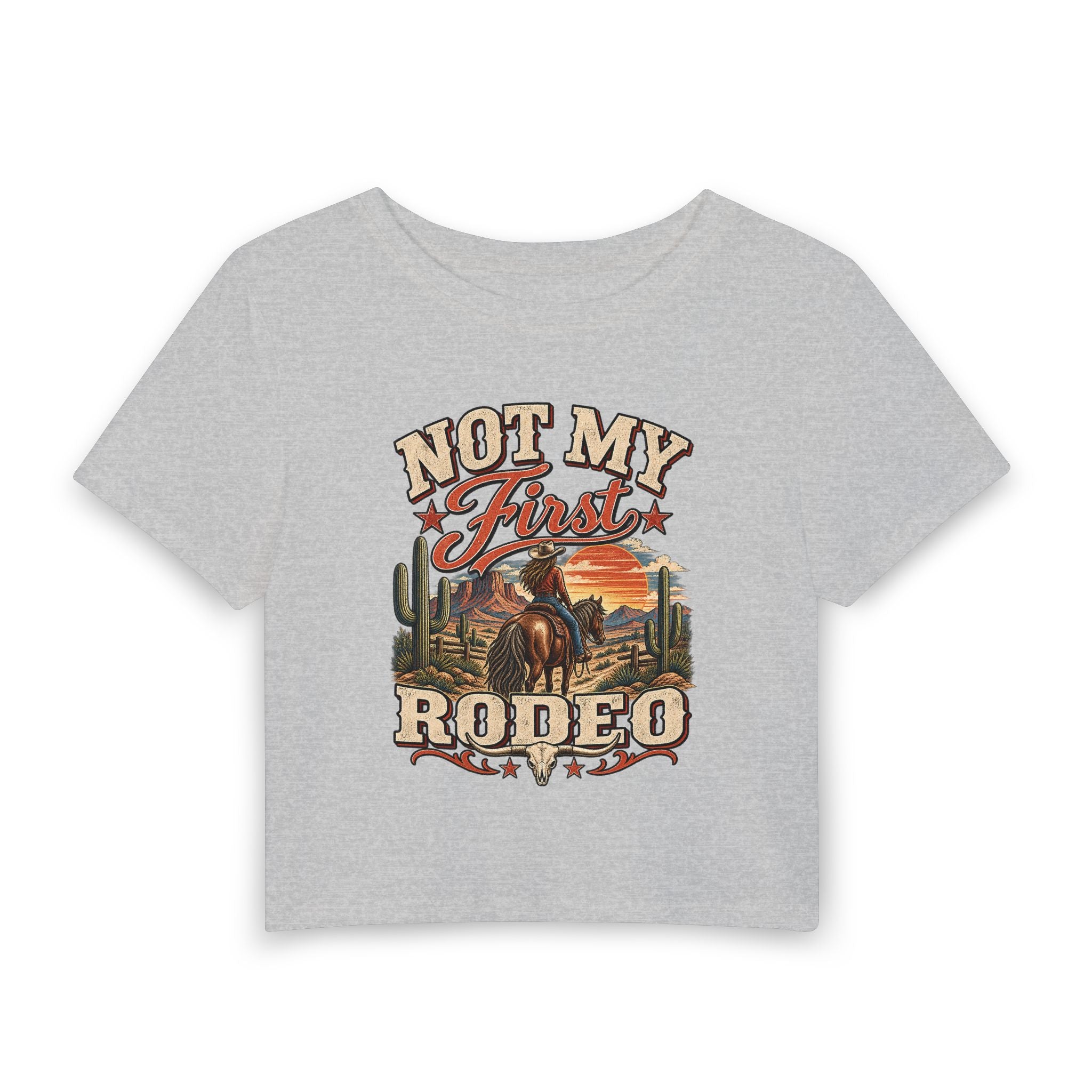 Not My First Rodeo Women's Baby Tee — Vintage Western Cowgirl Graphic Crop Top