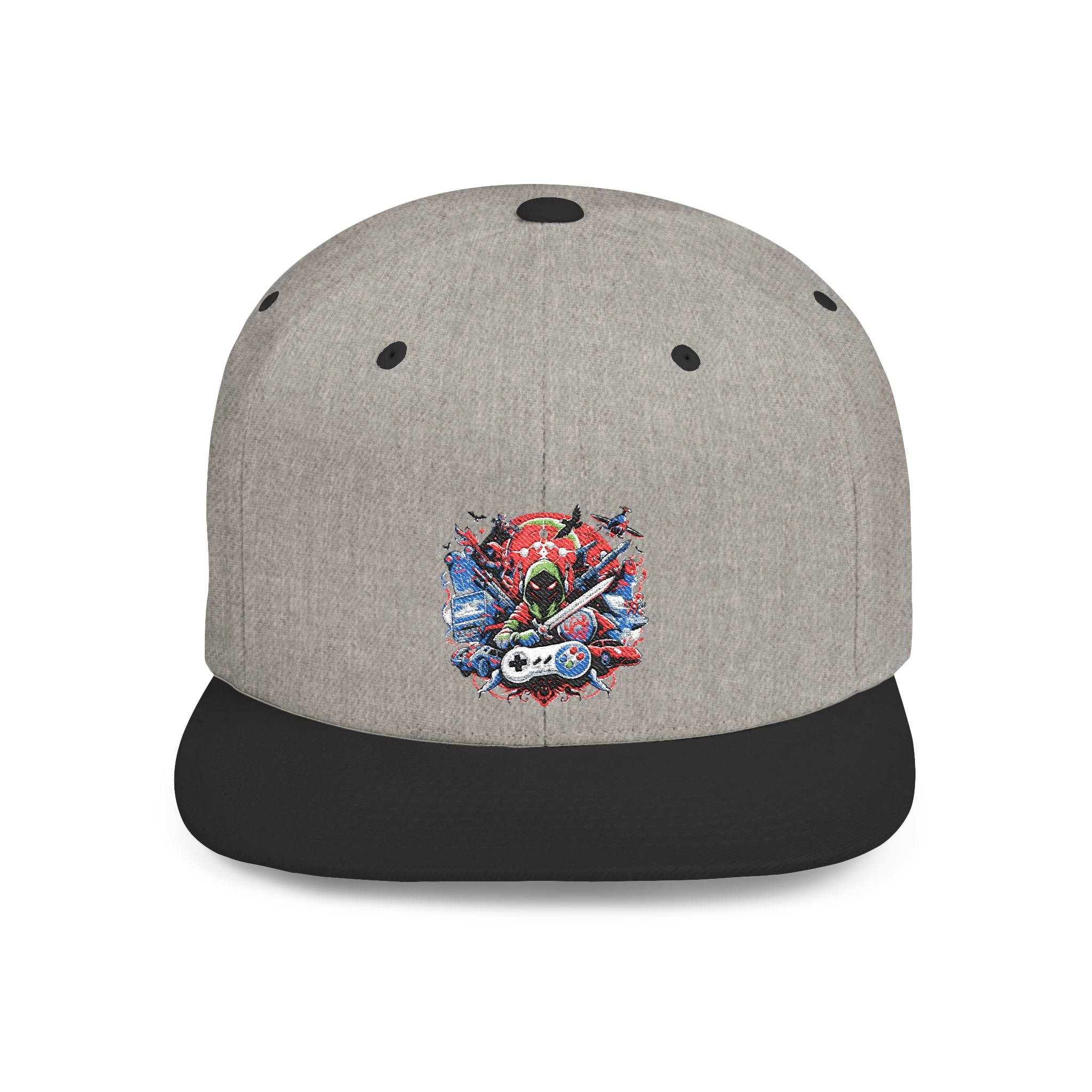 Gamer Flat Bill Snapback Hat — Watercolor Skull Design