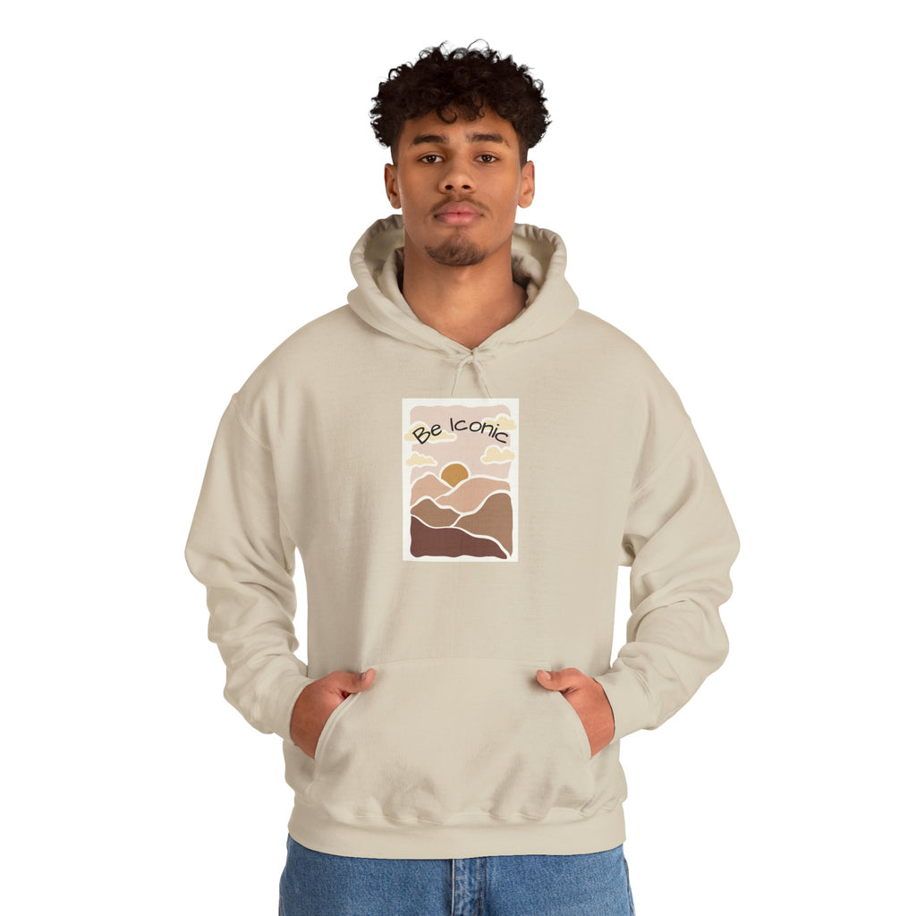 Be Iconic Hoodie — Retro Earthtone Sunset Graphic Hooded Sweatshirt