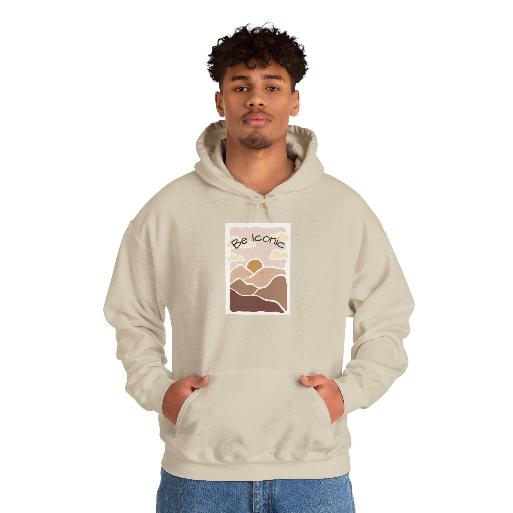 Be Iconic Hoodie — Retro Earthtone Sunset Graphic Hooded Sweatshirt