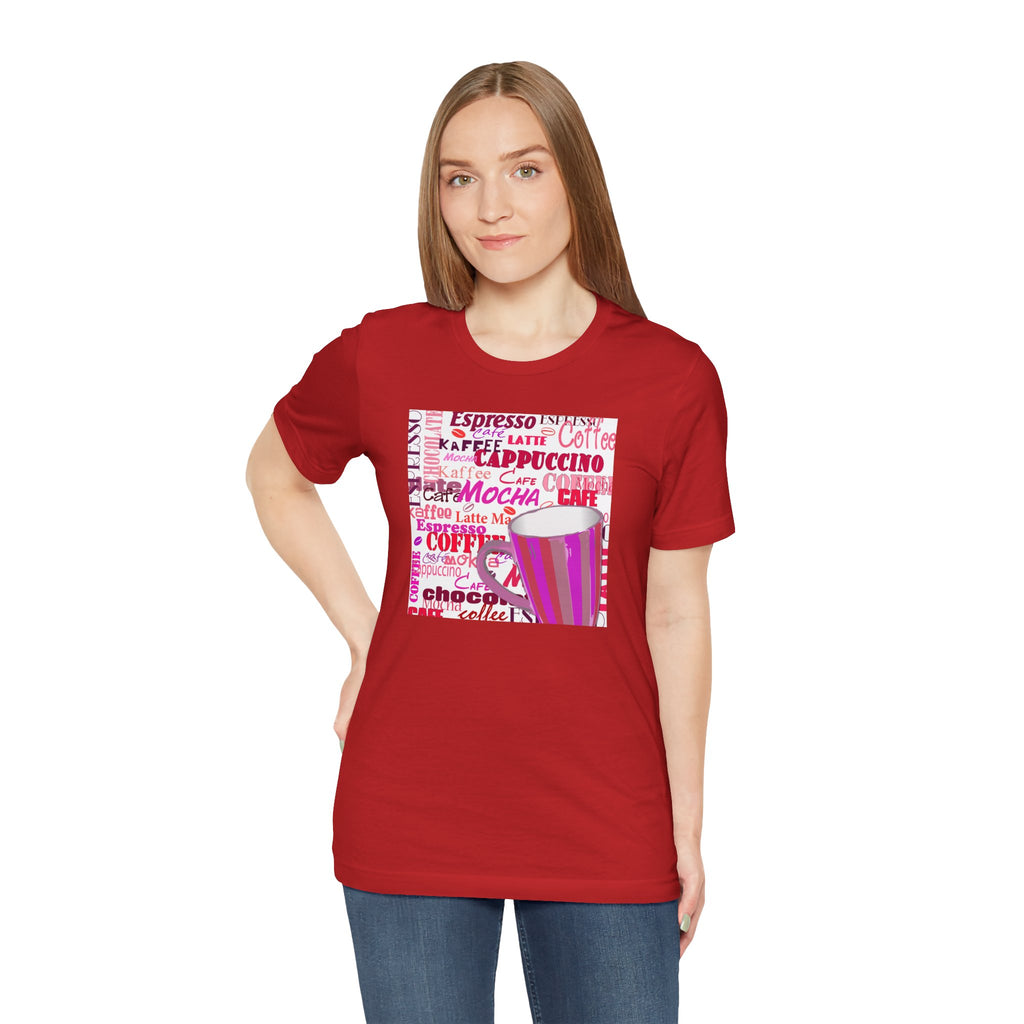 Coffee Words Graphic Tee — Pink Latte Mocha Cup Shirt