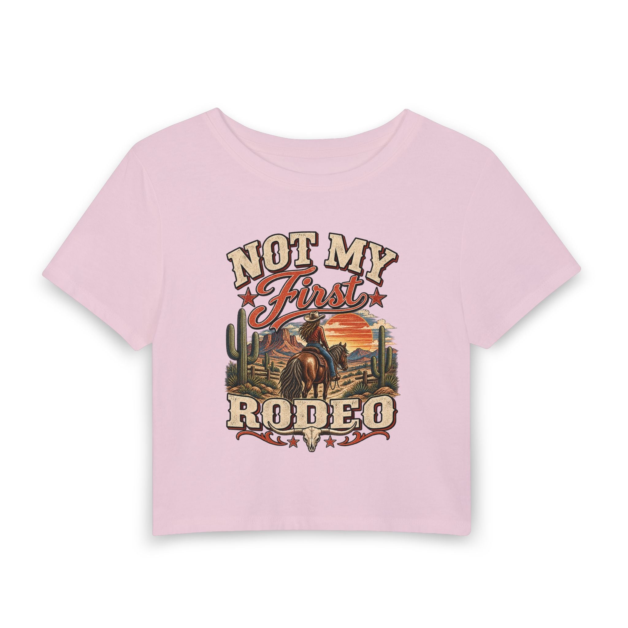 Not My First Rodeo Women's Baby Tee — Vintage Western Cowgirl Graphic Crop Top