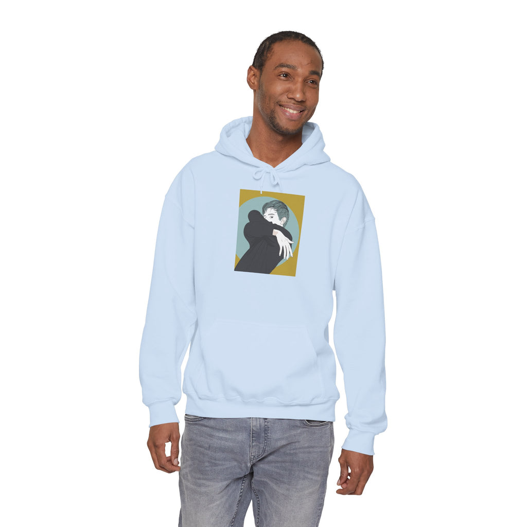 Minimalist Embrace Hoodie — Retro Couple Illustration Pullover