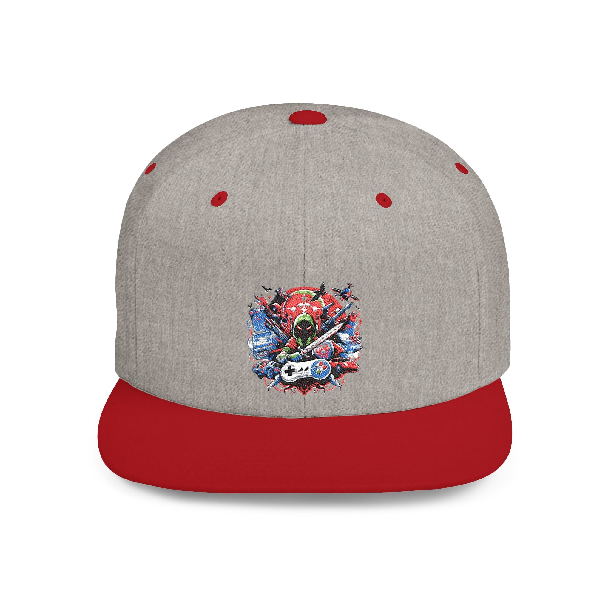 Gamer Flat Bill Snapback Hat — Watercolor Skull Design