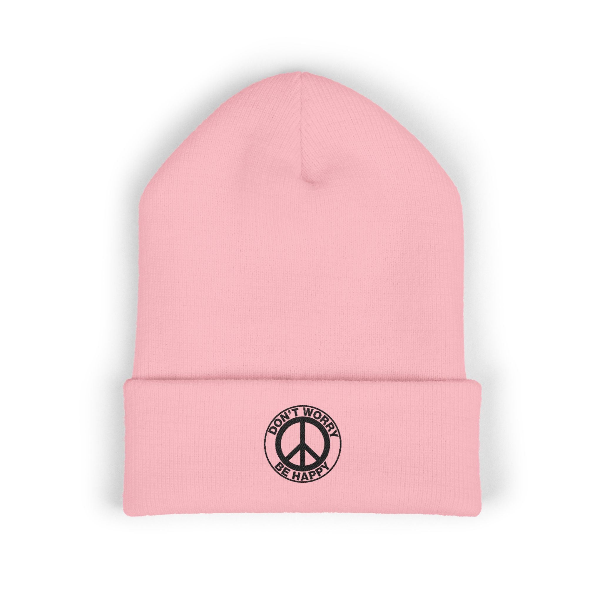 Peace Sign Cuffed Beanie — "Don't Worry Be Happy" Embroidered Knit Hat