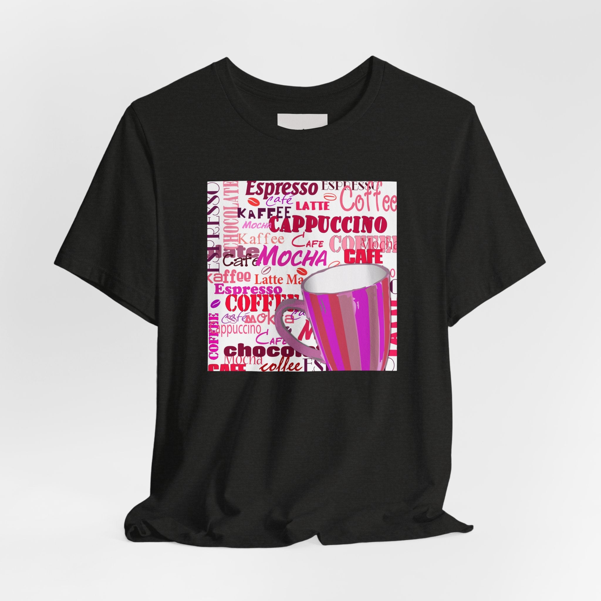 Coffee Words Graphic Tee — Pink Latte Mocha Cup Shirt