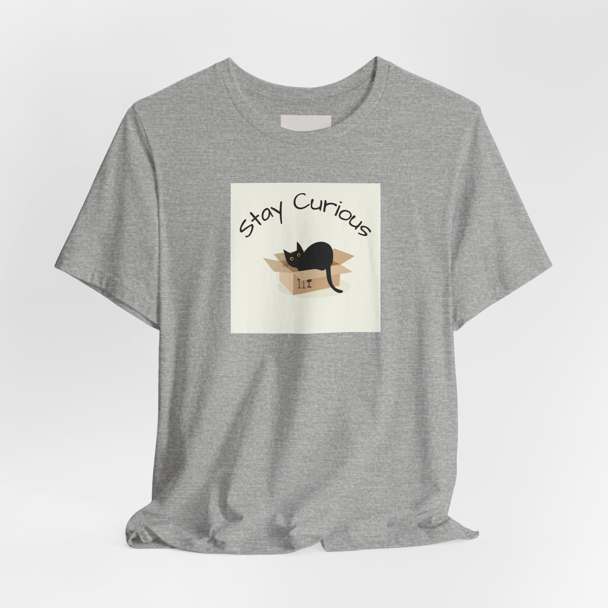 Stay Curious Cat T-Shirt — Cute Black Cat in Box Graphic Tee