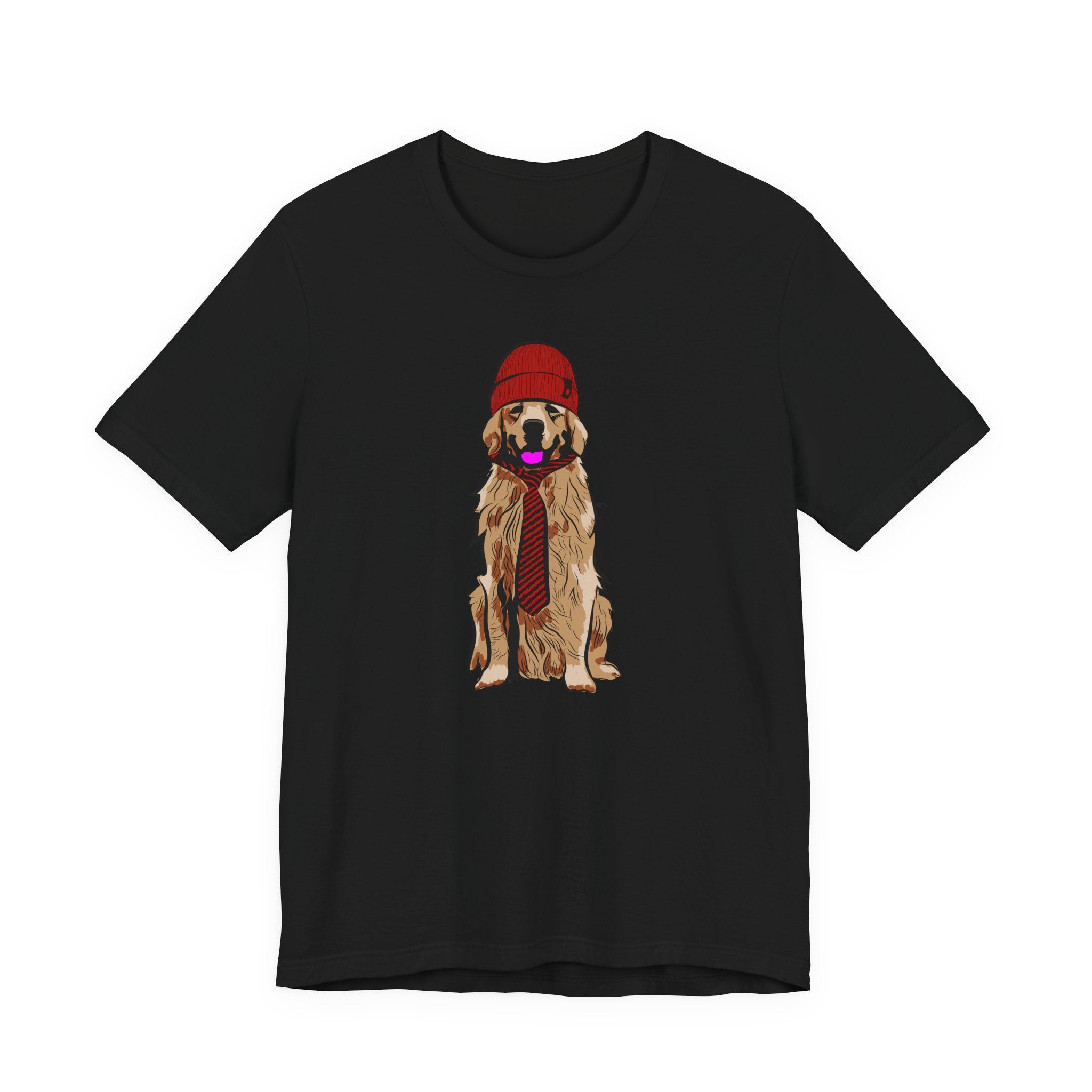 Golden Retriever Graphic Tee — Dog Wearing Beanie & Tie