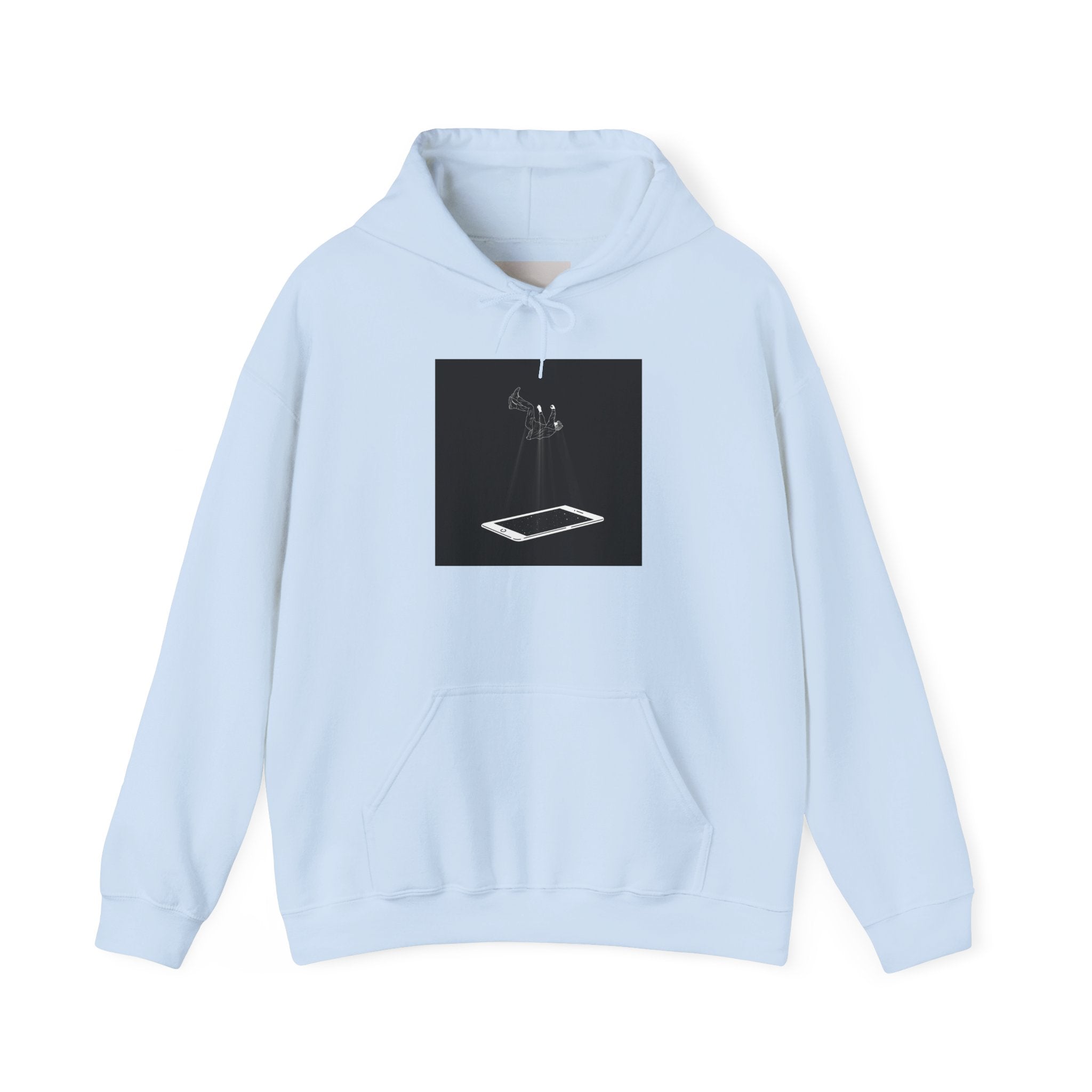 Minimalist Floating Phone Hoodie — Moody Black & White Tech Art Sweatshirt