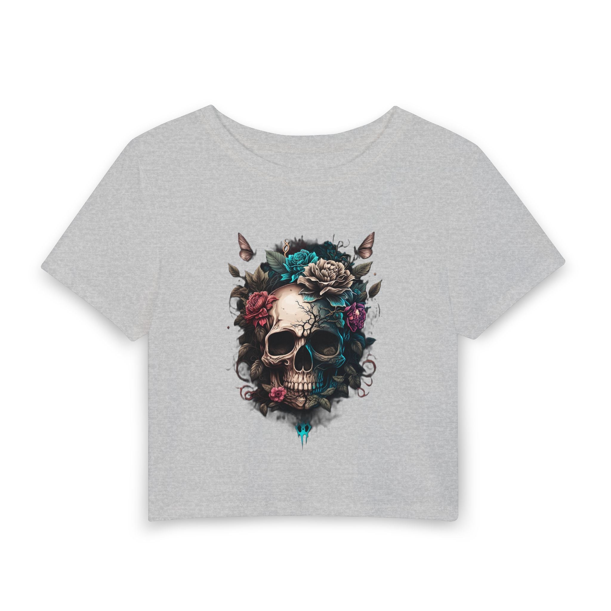 Floral Skull Crop Tee — Women's Gothic Skull Floral Graphic Tee