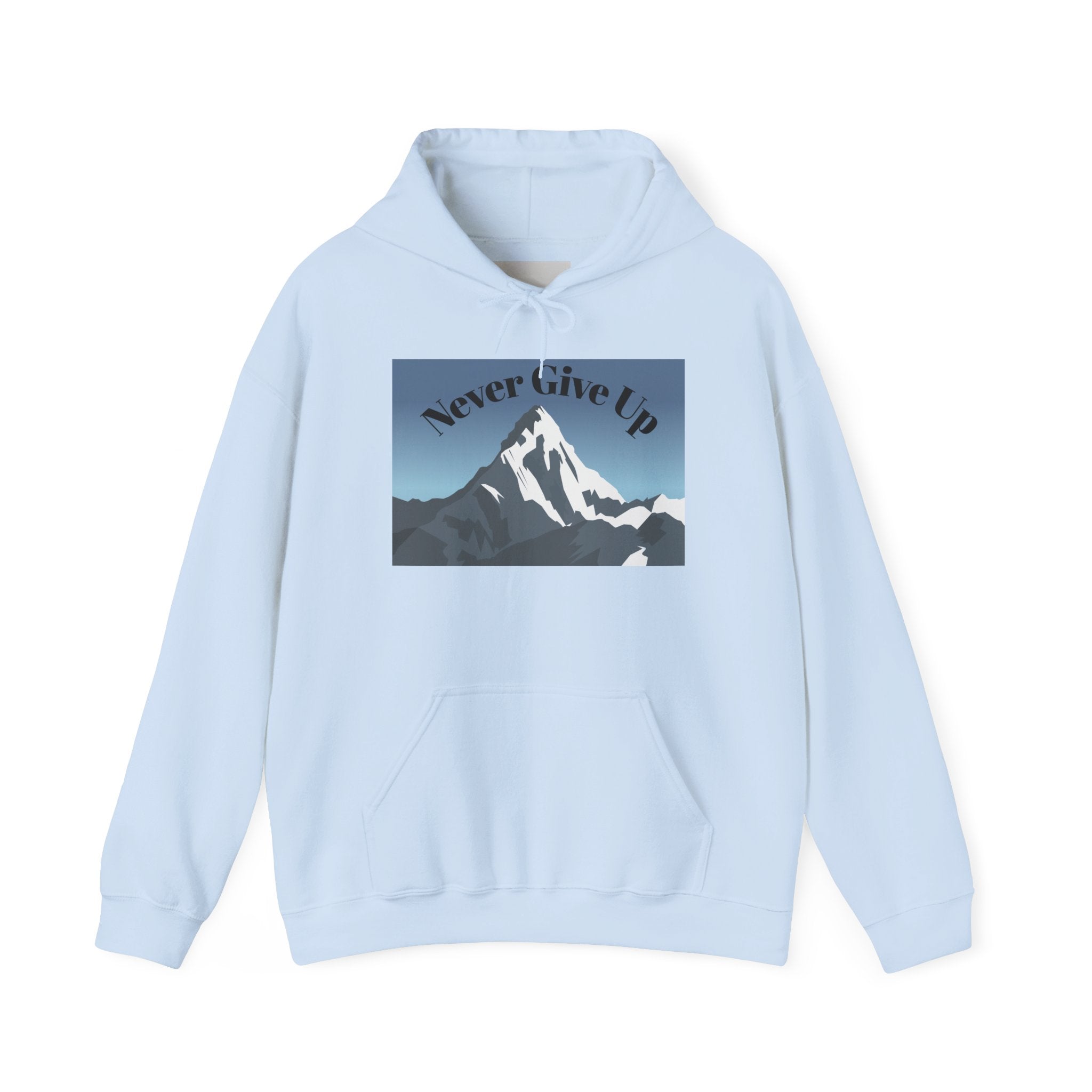 Motivational Mountain Hoodie - "Never Give Up" Inspirational Graphic Hoodie