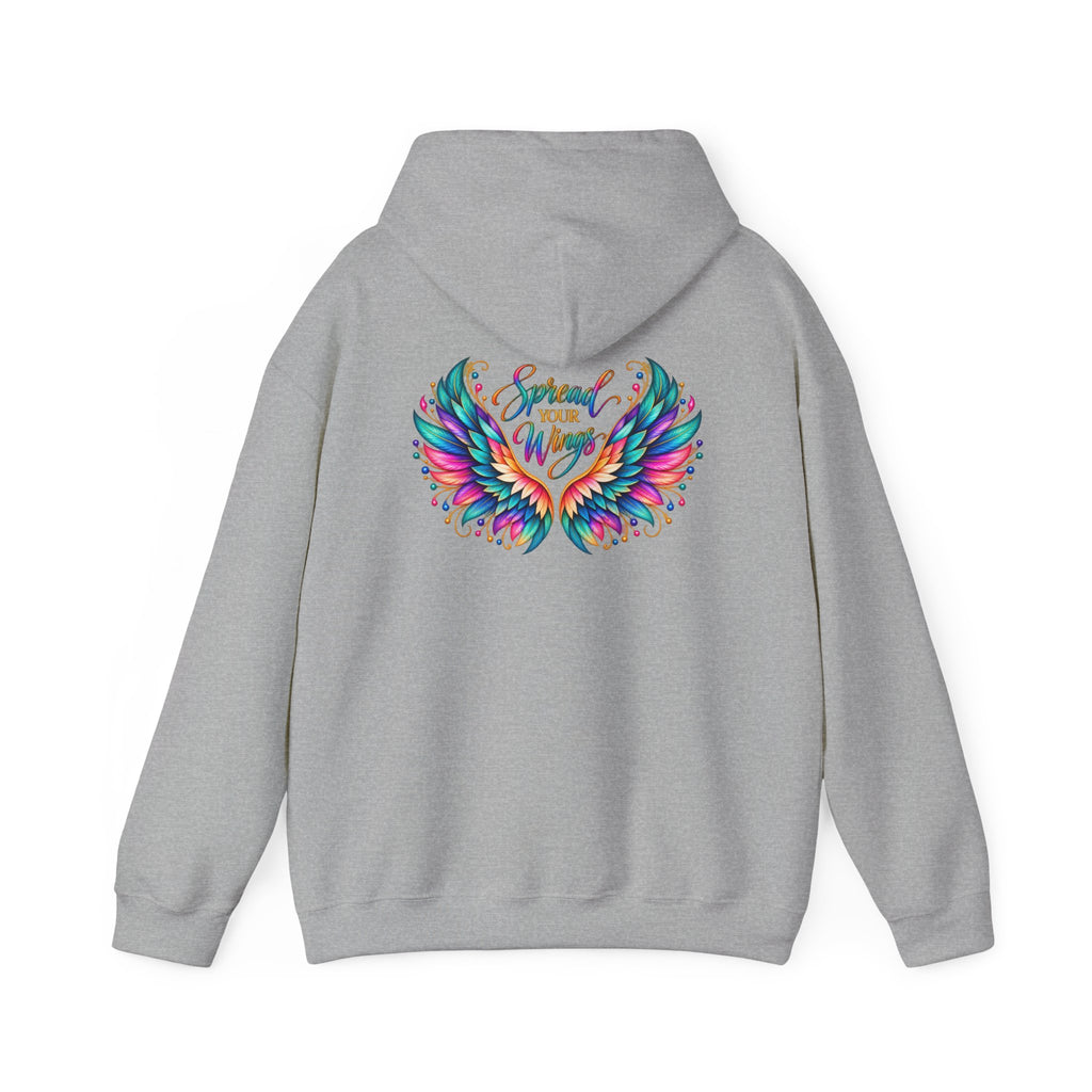 Winged Inspiration Hoodie — "Spread Your Wings" Colorful Angel Wings Graphic